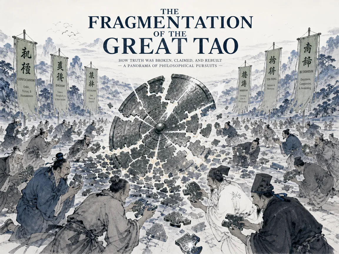 philosophical intellectual panorama, a radiant holistic bronze mirror of the ancient Great Tao shattering into dozens of distinct shining puzzle pieces, while various historical philosophers from different schools scramble excitedly to hoard single fragments in contemporary literati Chinese ink cartoon style with Prussian blue ink wash, sage green accents, and Xuan paper negative space, illustrating the fragmentation of the great tao, embodying 道术将为天下裂：古代完整的大道如同浑圆宝镜碎裂为百家碎片，诸子各执一隅自矜为全，庄子俯瞰百家争鸣的学术全景图 on ChiDestiny