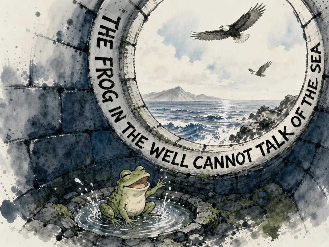 famous allegory of the well frog, a smug little green frog splashing happily in a tiny bucket-sized puddle at the bottom of a stone well, totally oblivious to the vast magnificent ocean and soaring eagles outside the well opening in contemporary literati Chinese ink cartoon style with Prussian blue ink wash, sage green accents, and Xuan paper negative space, illustrating the frog in the well cannot talk of the sea, embodying 井底之蛙端坐于小浅井中洋洋自得，而井口上方天高云淡星汉灿烂，深刻揭示空间局限对认知盲区的锁闭 on ChiDestiny