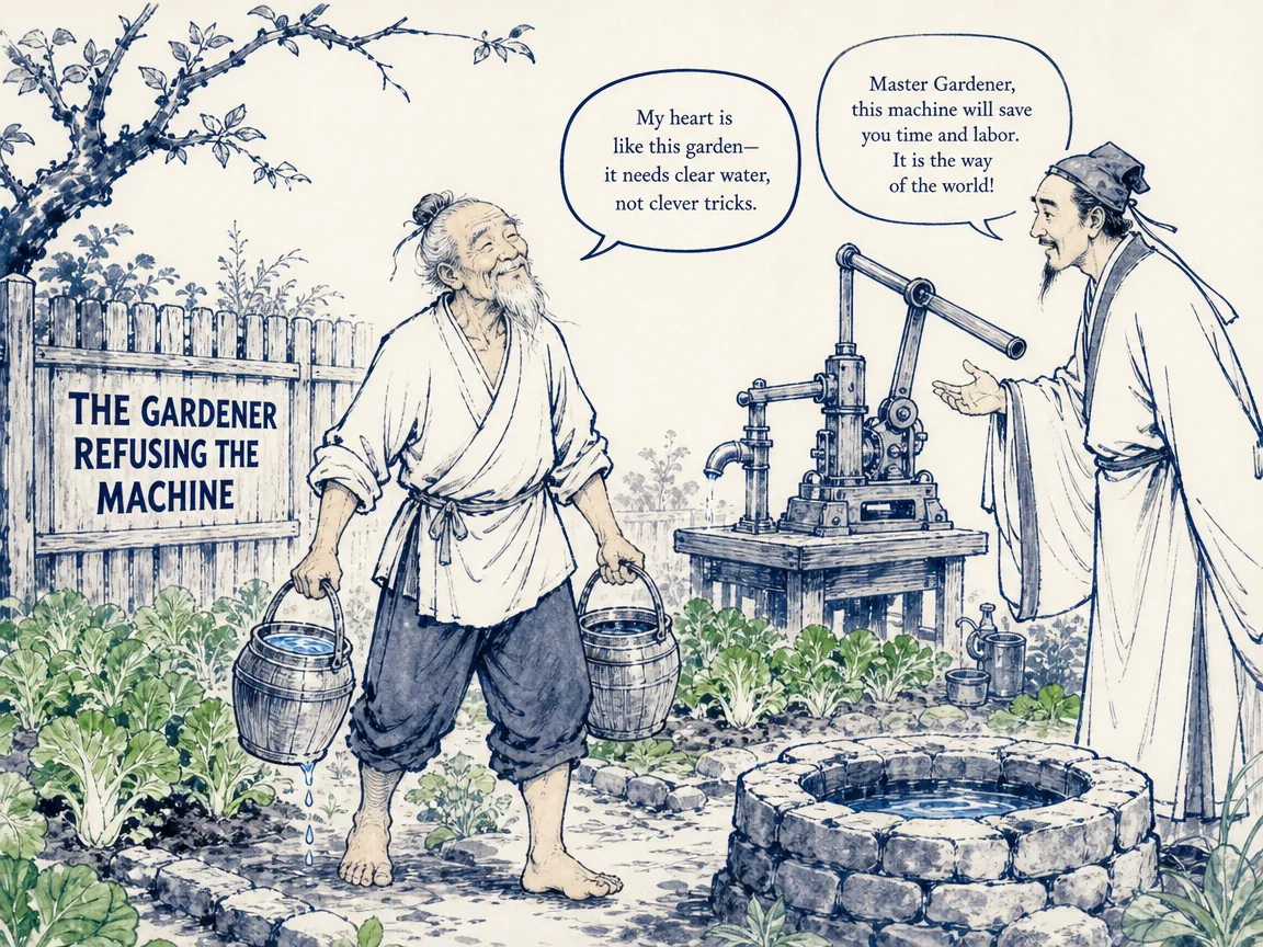 an old barefoot gardener smiling peacefully while carrying water jars by hand to nourish tiny green cabbages, politely refusing a sophisticated wooden lever-pump machine offered by an earnest scholar Zigong, guarding his pure heart from mechanical cunning in contemporary literati Chinese ink cartoon style with Prussian blue ink wash, sage green accents, and Xuan paper negative space, illustrating the gardener refusing the machine, embodying 汉阴丈人抱瓮出灌畦间，虽费力却神态自得；子贡向其推荐省力的桔槔抽水机械，老丈笑答'有机械者必有机事，有机事者必有机心' on ChiDestiny