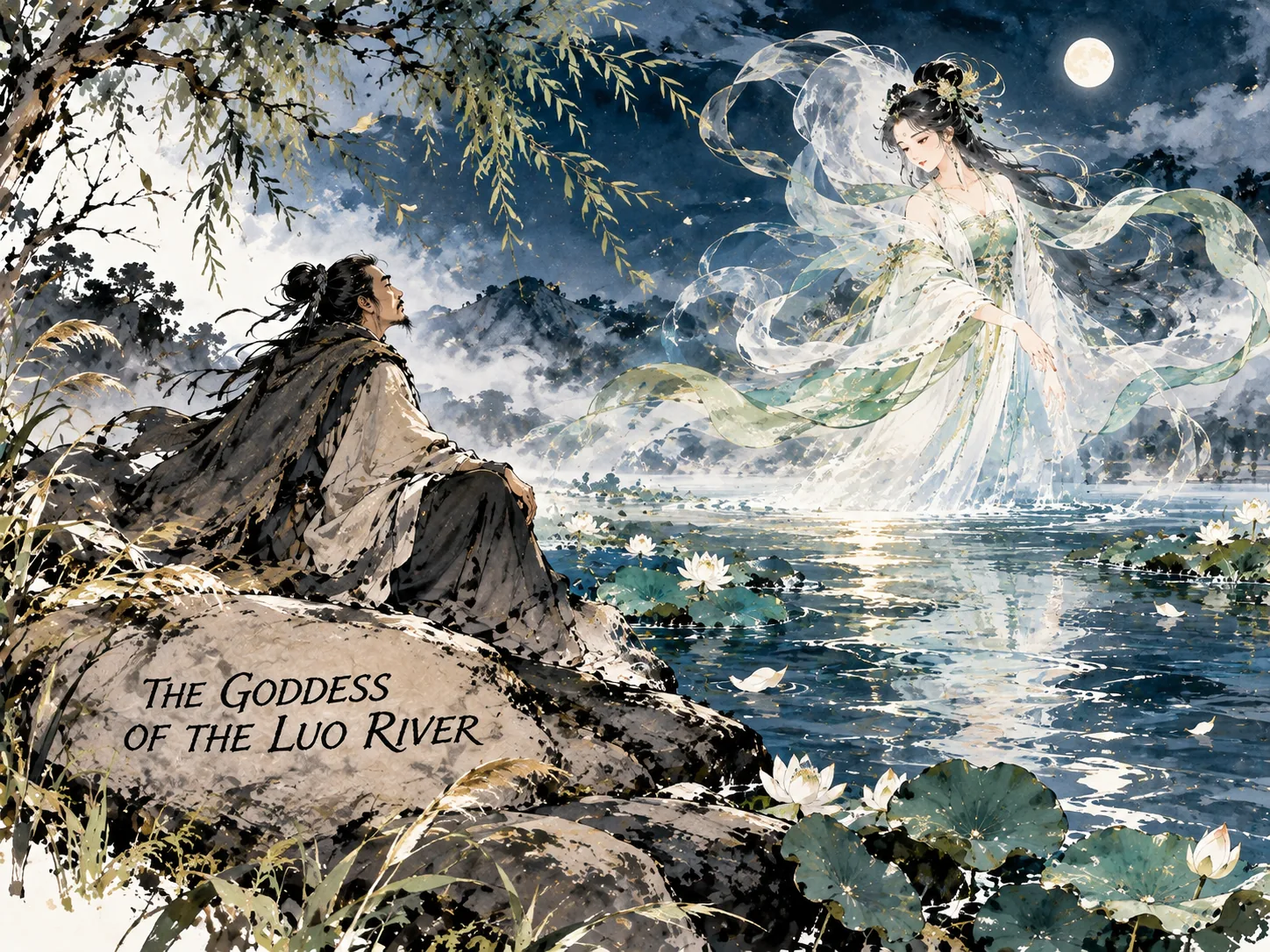 legendary melancholic scene at the Luo riverbanks, an older exiled Cao Zhi wrapped in a weathered traveling cloak gazing into misty water eddies, where the ethereal translucent silhouette of the Luo River Goddess floats gracefully above ripples like windblown lotus silk in contemporary literati Chinese ink wash in deep Prussian blue and sage green with ample Xuan paper negative space, illustrating the goddess of the luo river, embodying 洛水之畔的千古绝唱：被贬孤客曹植在洛水边怅望，水波中仿佛照见凌波微步、罗袜生尘的洛神仙影，痛苦化作最惊艳的文字 on ChiDestiny