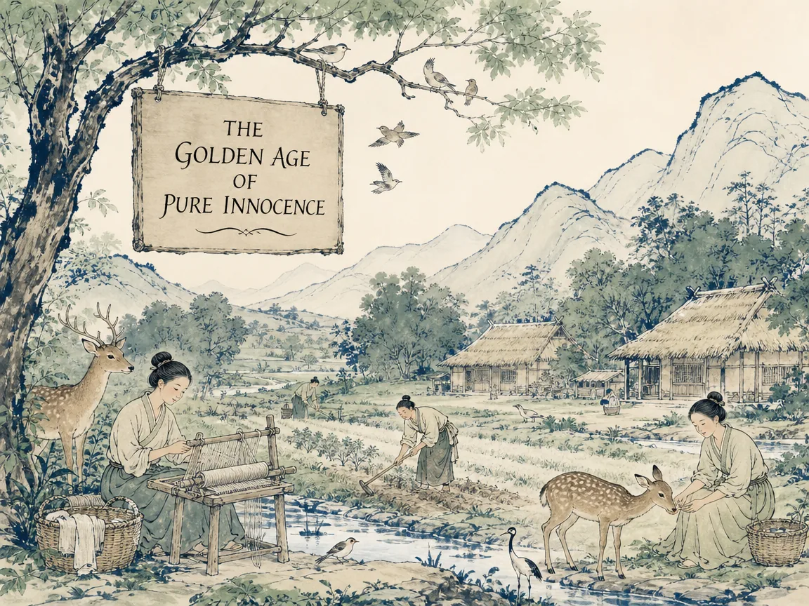 a harmonious primitive utopia where gentle villagers live at one with deer and birds, weaving simple hemp clothes and tilling sweet fields without greed or cunning laws, deep Prussian blue hill outlines in contemporary literati Chinese ink cartoon style with Prussian blue ink wash, sage green accents, and Xuan paper negative space, illustrating the golden age of pure innocence, embodying 至德之世百姓同居于大自然之中，织而衣、耕而食，与禽兽相戏游，无智巧争夺，朴素纯粹的黄金时代 on ChiDestiny