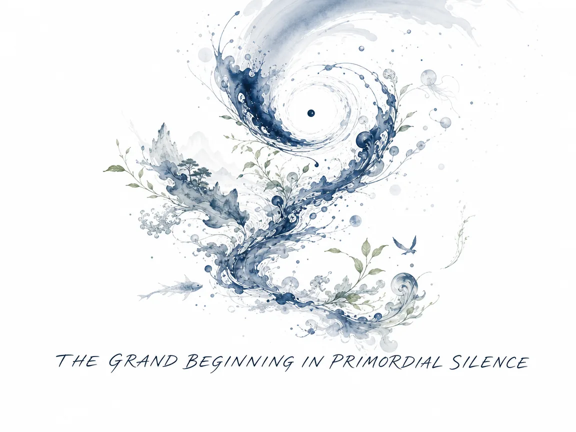 poetic cosmology of the Grand Beginning, a single drop of pristine ink blooming into dynamic organic spirals within infinite white nothingness, giving birth to forms and life without strain in contemporary literati Chinese ink cartoon style with Prussian blue ink wash, sage green accents, and Xuan paper negative space, illustrating the grand beginning in primordial silence, embodying 泰初有无，无有无名，一点混沌玄德孕育万象生机，水墨由虚空中化育阴阳回旋 on ChiDestiny