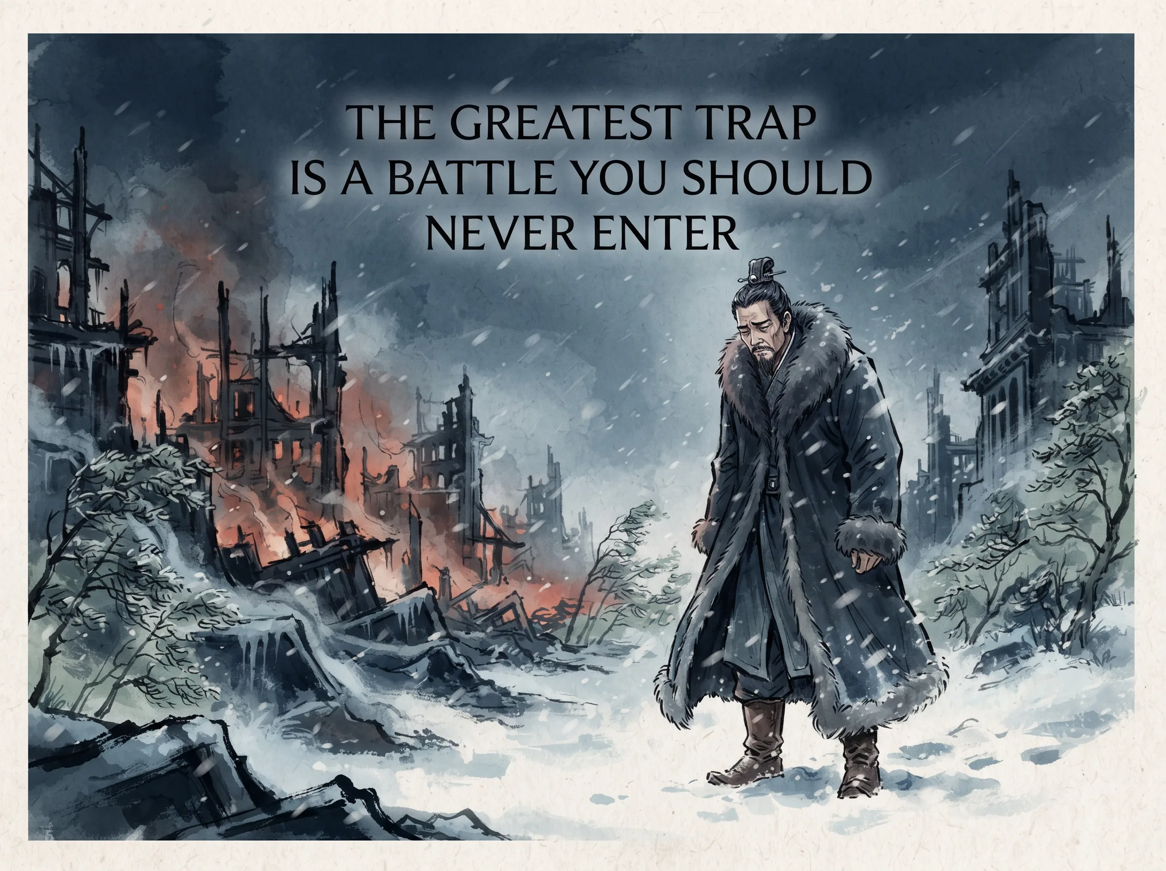 a weary emperor wrapped in a heavy winter greatcoat standing before a frozen, desolate burning ruin in an endless blizzard, realizing the hollow illusion of his conquest as snow swallows his boots in contemporary literati Chinese ink cartoon style with Prussian blue ink wash, sage green accents, and Xuan paper negative space, illustrating the greatest trap is a battle you should never enter, embodying 最惨烈的失败不是战败，而是打了一场根本不该打的消耗战：拿破仑面对莫斯科严冬漫天风雪空城，军队陷入泥潭进退维谷 on ChiDestiny