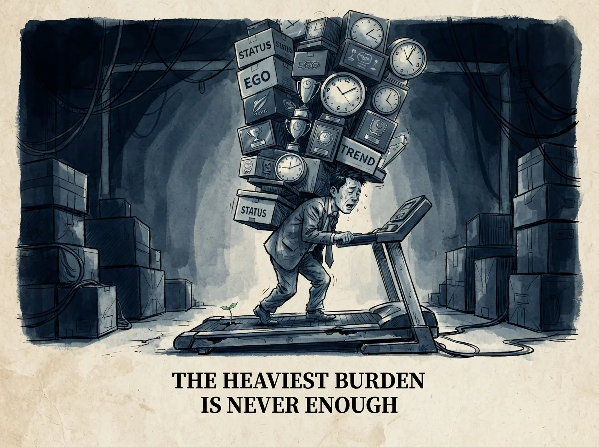 satirical and poignant, a modern burdened figure hunched under an enormous leaning tower of branded boxes, awards in contemporary literati Chinese ink wash in deep Prussian blue and sage green with ample Xuan paper negative space, illustrating the heaviest burden is never enough, embodying 现代社会消费主义无休止的贪婪跑步机：背负过重行囊的人在悬崖边缘继续拼命争夺更多无用之物，身心俱疲陷于匮乏幻觉 on ChiDestiny