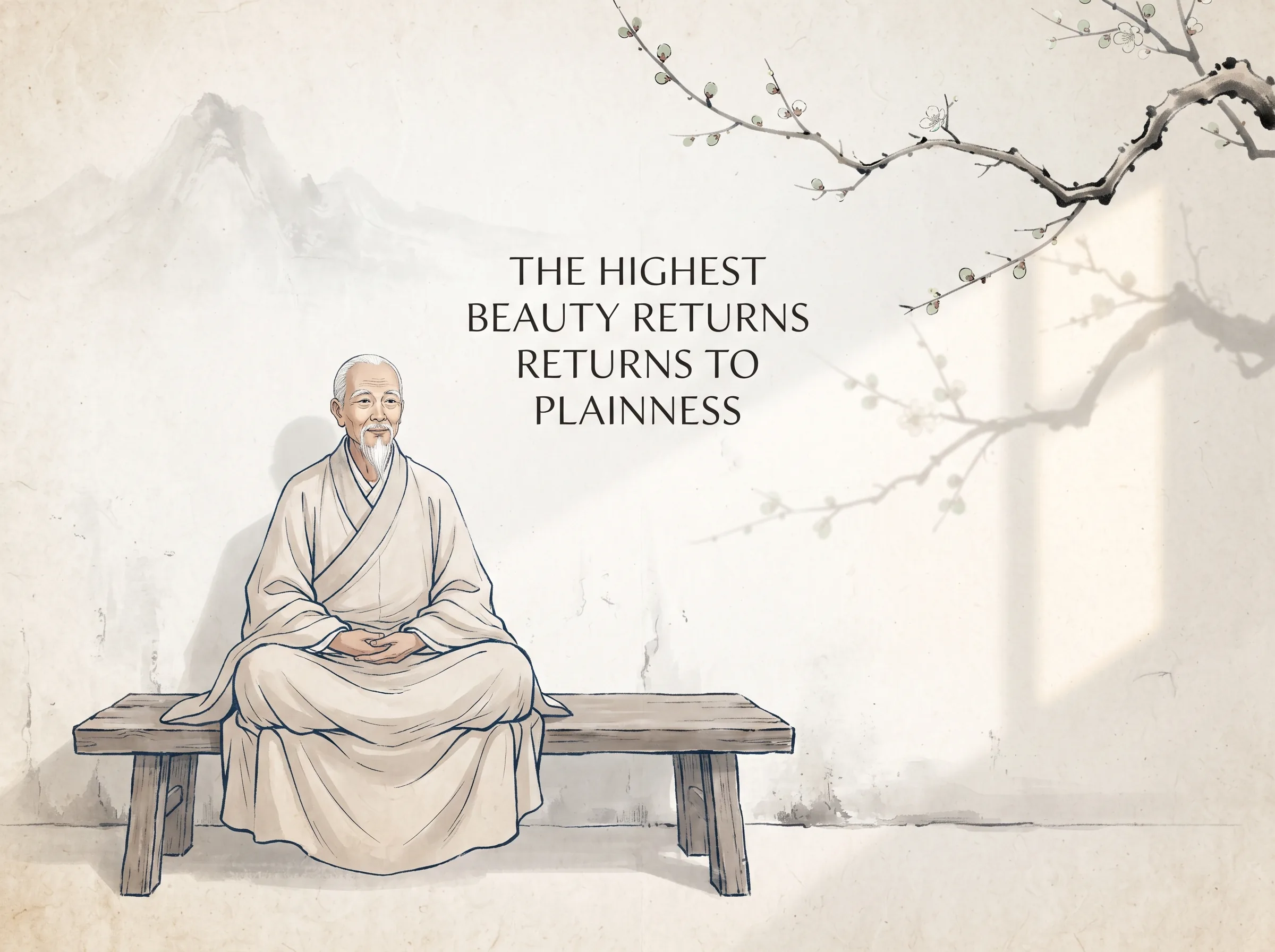 sublime minimalist scene of an elderly sage in an unbleached linen robe seated peacefully on an unpainted wooden bench before a bare white wall, a single plum flower branch casting a delicate shadow in the afternoon sun, deep Prussian blue simple robe lines in contemporary literati Chinese ink wash in deep Prussian blue and sage green with ample Xuan paper negative space, illustrating the highest beauty returns to plainness, embodying 最高境界'素'的大美无言：洗尽铅华、返璞归真，素白宣纸上一枝梅影，一位老者身着素麻布衣笑看落花，绚烂之极归于平淡 on ChiDestiny