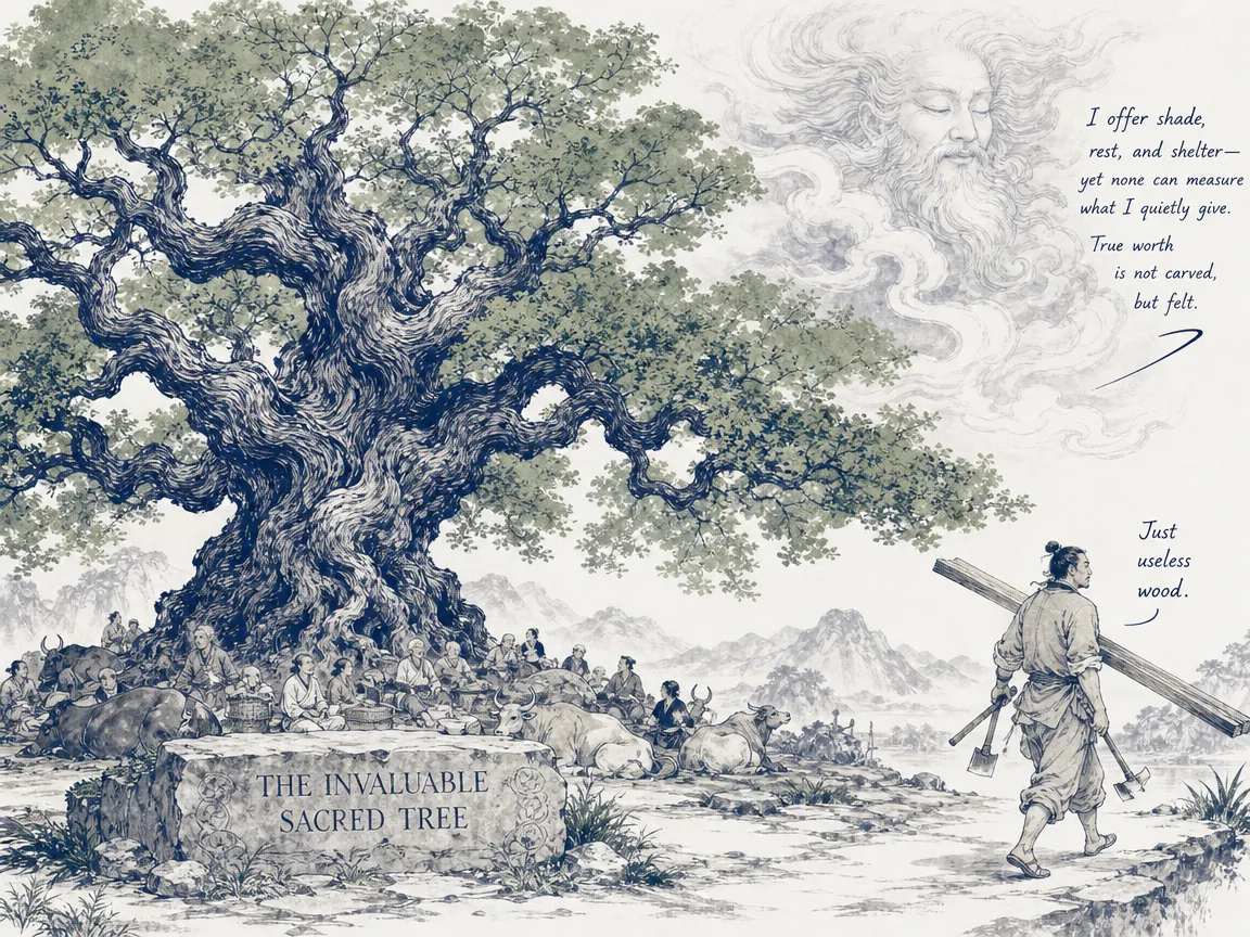 a magnificent ancient sacred tree with sprawling twisted branches providing cool shade to dozens of people and resting oxen, a carpenter walking past calling it useless wood, while the tree whispers wisdom into the clouds in contemporary literati Chinese ink cartoon style with Prussian blue ink wash, sage green accents, and Xuan paper negative space, illustrating the invaluable sacred tree, embodying 曲辕地方有一棵巨大社栎，荫蔽数千牛，匠石弃之不顾，栎树托梦告知正因不材故能享天年 on ChiDestiny