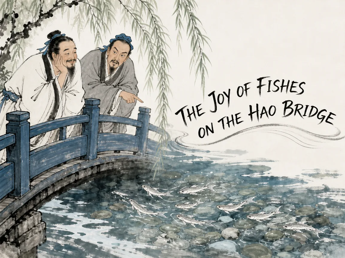 famous Hao River dialogue, Zhuangzi and Huizi leaning over a wooden bridge watching swift little silver fish swimming joyously among river pebbles, Zhuangzi smiling playfully while Huizi points his finger debating fish psychology in contemporary literati Chinese ink cartoon style with Prussian blue ink wash, sage green accents, and Xuan paper negative space, illustrating the joy of fishes on the hao bridge, embodying 濠梁之上庄子与惠施凭栏观鱼：庄子叹白鲦出游从容是鱼之乐，惠施辩'子非鱼安知鱼之乐'，庄子笑回'子非我安知我不知鱼之乐' on ChiDestiny
