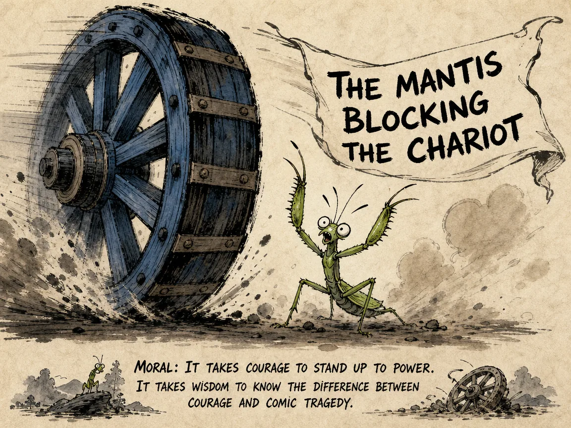 comic satirical parable, a tiny courageous green praying mantis fiercely raising its barbed forelegs in outrage trying to halt an oncoming colossal heavy wooden chariot wheel, witty expression of futile bravery and dangerous bravado in contemporary literati Chinese ink cartoon style with Prussian blue ink wash, sage green accents, and Xuan paper negative space, illustrating the mantis blocking the chariot, embodying 一只怒气冲冲的小螳螂站在大路中央，高举两把双刀试图挡住疾驰而来的滚滚马车车轮，讽刺不自量力盲动之险 on ChiDestiny