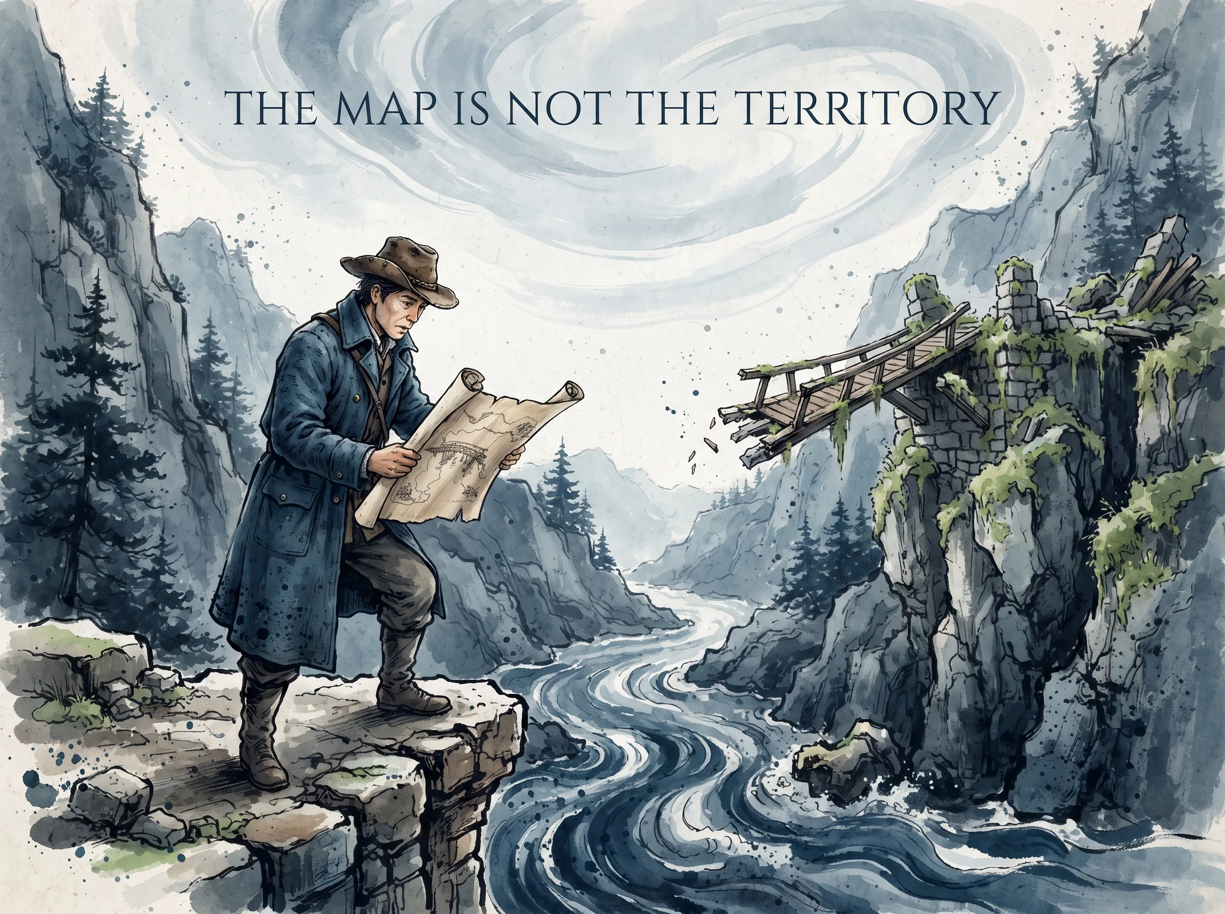 an explorer looking down at an antique painted map roll showing a bridge, while standing right before a wild rushing gorge where the bridge has long collapsed, forced to look up and read the living land in contemporary literati Chinese ink cartoon style with Prussian blue ink wash, sage green accents, and Xuan paper negative space, illustrating the map is not the territory, embodying 地图不等于疆域：向导紧握三年前绘制的羊皮地图，殊不知山体滑坡与地震早已改变了河流走向，固执按图索骥必致迷途 on ChiDestiny