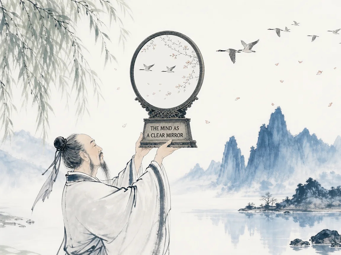 a calm sage holding up an ancient bronze mirror as pure as water, reflecting flying geese and drifting blossoms without retaining or grasping a single trace, total responsiveness and zero attachment in contemporary literati Chinese ink cartoon style with Prussian blue ink wash, sage green accents, and Xuan paper negative space, illustrating the mind as a clear mirror, embodying 至人之心若明镜，物来则照、物去不留，不将不迎、应而不藏，胜物而不伤，晶莹剔透映照万象 on ChiDestiny