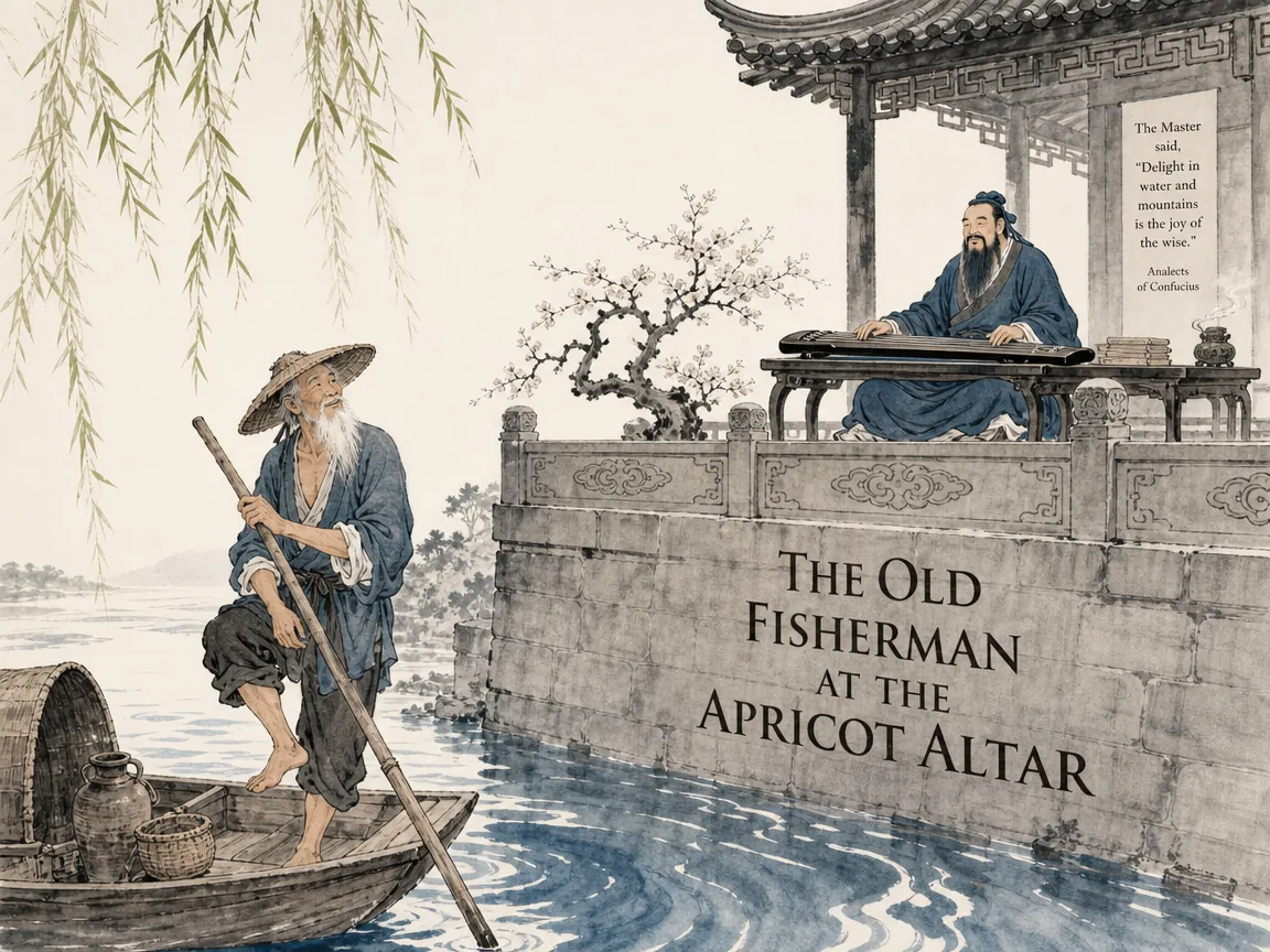 an old barefoot fisherman with billowing white beard and weathered bamboo hat leaning casually on his punting pole by the river, smiling quizzically at Confucius playing elegant classical melodies on an ornate terrace above, Prussian blue river ripples and scholarly robes in contemporary literati Chinese ink cartoon style with Prussian blue ink wash, sage green accents, and Xuan paper negative space, illustrating the old fisherman at the apricot altar, embodying 孔子在杏坛弦歌鼓琴，白发苍髯的渔父自渔舟登岸，手扶长篙倚听而笑，道出世间繁文礼乐之劳形 on ChiDestiny