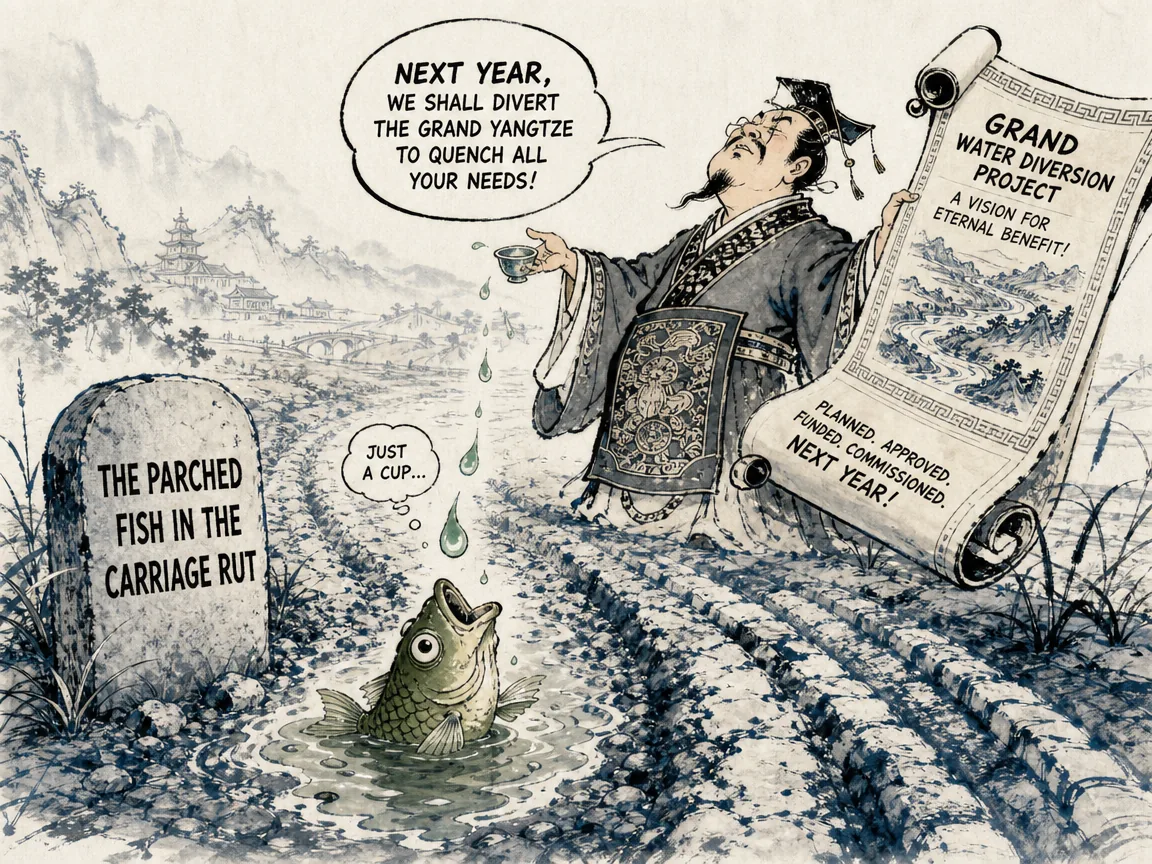 famous allegory of urgent aid, a tiny thirsty carp stranded in a shallow muddy wheel rut gasping for a cup of water, while an aristocratic pompous official waves grand scrolls promising to divert the grand Yangtze river next year in contemporary literati Chinese ink cartoon style with Prussian blue ink wash, sage green accents, and Xuan paper negative space, illustrating the parched fish in the carriage rut, embodying 涸辙之鲋名场面：车辙泥洼中的小鲫鱼急求一斗水以活命，监河侯却许诺待引西江之水相救，庄子冷嘲等水来不如去干鱼之肆找我 on ChiDestiny
