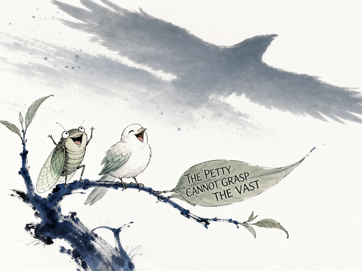 a tiny cheerful cicada and a little dove perched on a frail twig, laughing self-satisfiedly while looking up at the sky where the immense shadow of the cosmic bird passes far above, witty philosophical contrast of scales in contemporary literati Chinese ink cartoon style with Prussian blue ink wash, sage green accents, and Xuan paper negative space, illustrating the petty cannot grasp the vast, embodying 小树枝头的蜩与学鸠仰头嘲笑九万里的鲲鹏，生动表现小知不及大知、井蛙不解长空的幽默对比 on ChiDestiny