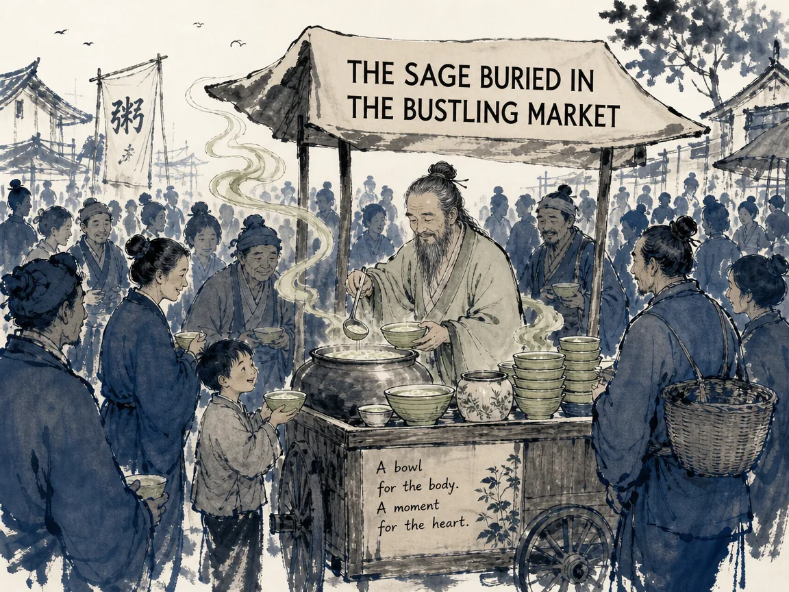 an enlightened sage quietly ladling steaming bowls of wholesome porridge from a rustic wooden cart at a crowded bustling village crossroad, blending completely with common folk without claiming wisdom, Prussian blue crowd silhouettes in contemporary literati Chinese ink cartoon style with Prussian blue ink wash, sage green accents, and Xuan paper negative space, illustrating the sage buried in the bustling market, embodying 孔子行至楚国蚁丘，见鬻浆者身隐市井卖麦粥，市声喧嚣中安然守朴，混迹人间而不染市侩尘俗 on ChiDestiny