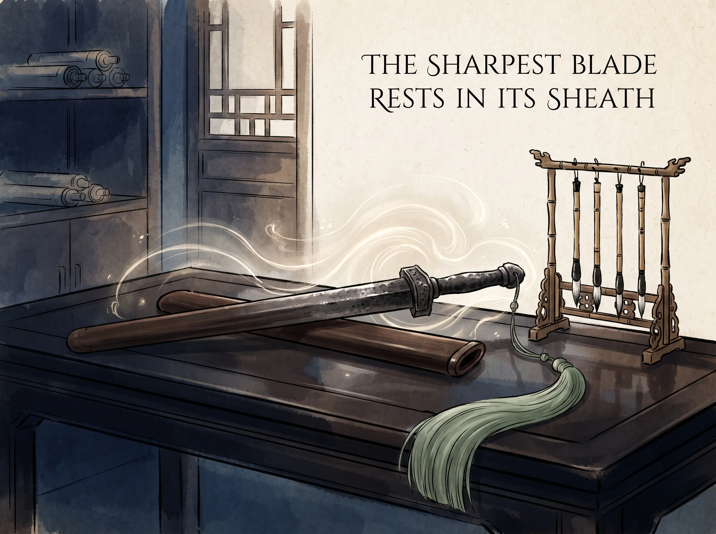 an ancient precious iron sword resting peacefully inside a smooth dark wooden scabbard on an ebony table beside a bamboo brush rack, subtle radiant energy humming around the hilt without unsheathing, deep Prussian blue room shadow and table in contemporary literati Chinese ink wash in deep Prussian blue and sage green with ample Xuan paper negative space, illustrating the sharpest blade rests in its sheath, embodying 书法起笔'欲右先左，藏锋不露'：笔锋收敛入纸，如绝世宝剑静卧沉香木鞘中，不以锋芒伤人，却蕴藏着随时可断金玉的深沉力量 on ChiDestiny