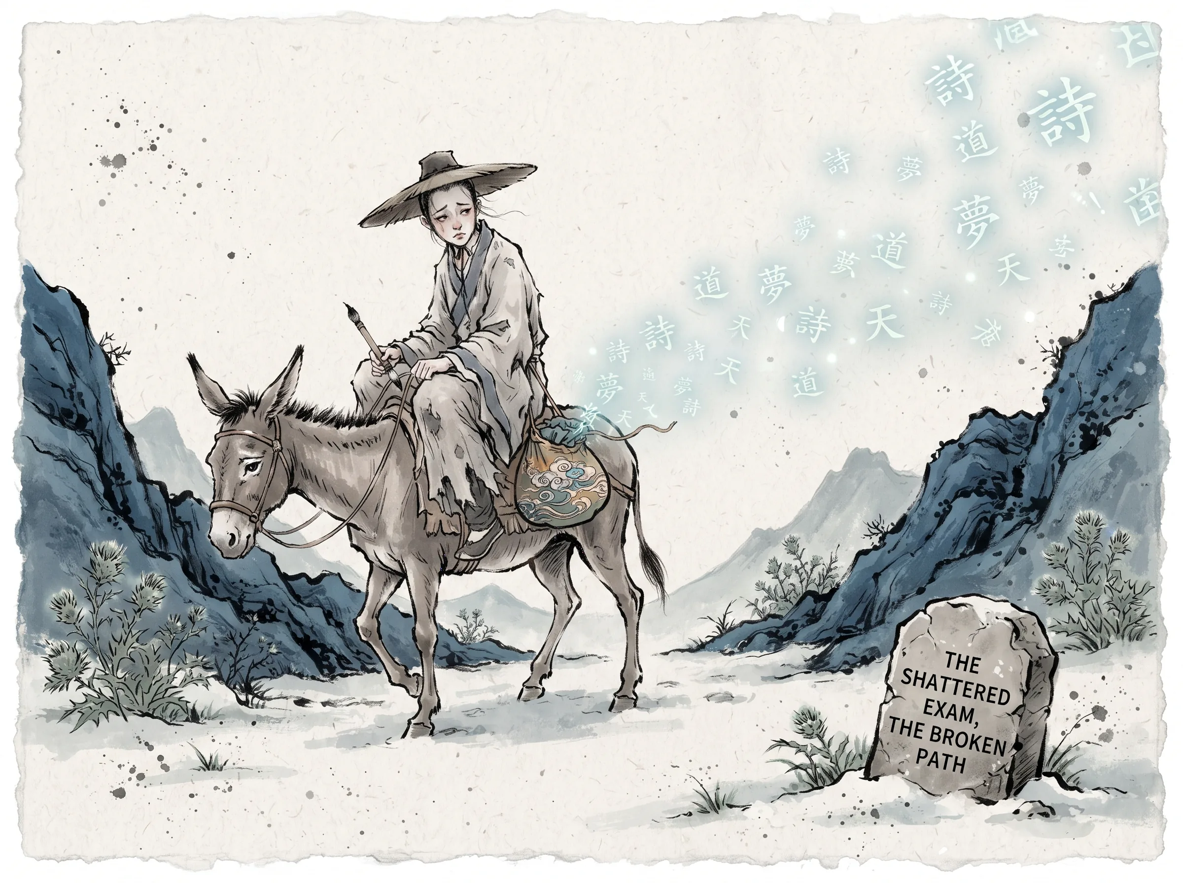 a pale fragile genius youth riding an emaciated donkey through barren winter mountains, carrying an embroidered silk pouch slung over the saddle to catch floating fragments of visionary verses after being unjustly banned from the civil exams, deep Prussian blue craggy ridges in contemporary literati Chinese ink wash in deep Prussian blue and sage green with ample Xuan paper negative space, illustrating the shattered exam, the broken path, embodying 因避父名之讳被无情剥夺进京科举资格，少年神童李贺骑着瘦驴行于萧索荒野，锦囊中塞满随时记录灵感的残纸诗片 on ChiDestiny