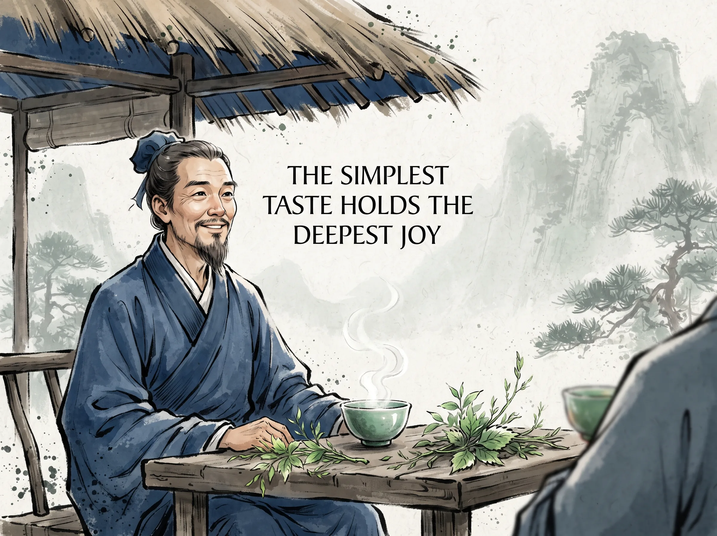 Su Shi seated comfortably under a thatched awning with a steaming bowl of wild mountain spring tea and fresh spring herbs, smiling with genuine twinkling mirth at a neighbor, deep Prussian blue cottage eaves and robes in contemporary literati Chinese ink wash in deep Prussian blue and sage green with ample Xuan paper negative space, illustrating the simplest taste holds the deepest joy, embodying 苏轼在经历风暴后的化境：'人间有味是清欢'，一碗清茶、两把野菜、三五友人，洗尽铅华始见真，在平淡天真中品出大滋味 on ChiDestiny
