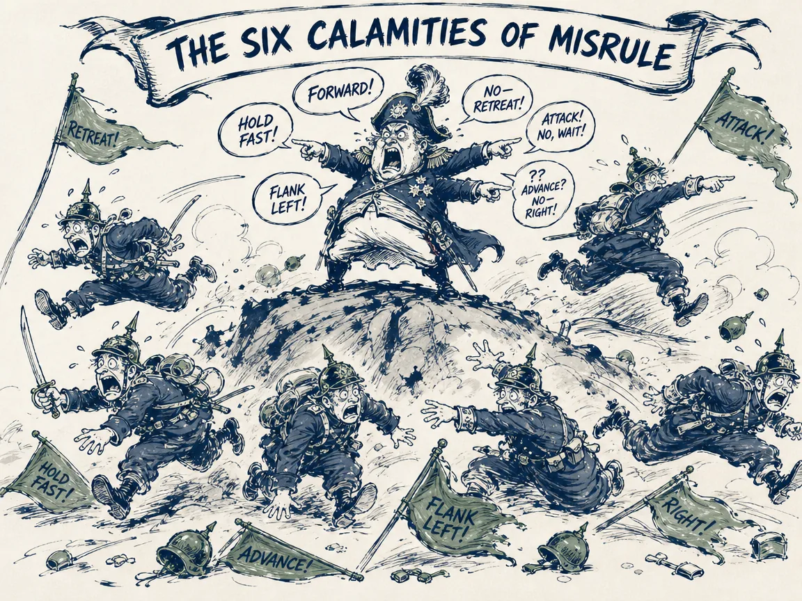 comic satirical portrayal of military mismanagement, an arrogant incompetent commander shouting conflicting orders while his troops scramble in six confused contradictory directions dropping flags, deep Prussian blue expressively tangled ink lines in contemporary literati Chinese ink cartoon style with Prussian blue ink wash, sage green accents, and Xuan paper negative space, illustrating the six calamities of misrule, embodying 戏剧性讽刺画：一位只知盲目发号施令的傲慢长官被手下各自为政的乱兵挤得东倒西歪，揭示指挥失衡酿成的必败困局 on ChiDestiny
