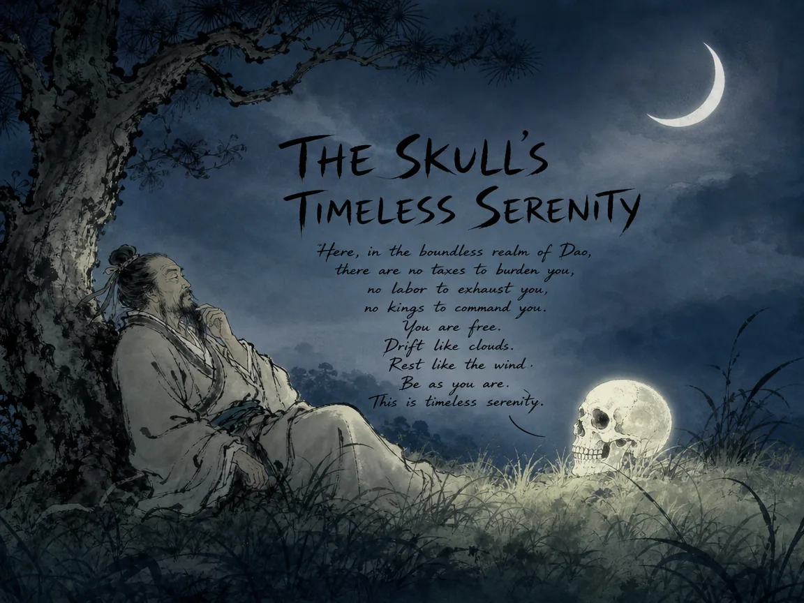 surreal midnight dreamscape, a thoughtful philosopher reclining against a tree trunk conversing with a smiling luminous bleached skull in the grass, which speaks of freedom from taxes in contemporary literati Chinese ink cartoon style with Prussian blue ink wash, sage green accents, and Xuan paper negative space, illustrating the skull's timeless serenity, embodying 庄子路遇骷髅用马鞭轻叩，夜梦中骷髅化形对谈，讲述死后无君臣之劳、以天地为春秋的超然安宁 on ChiDestiny
