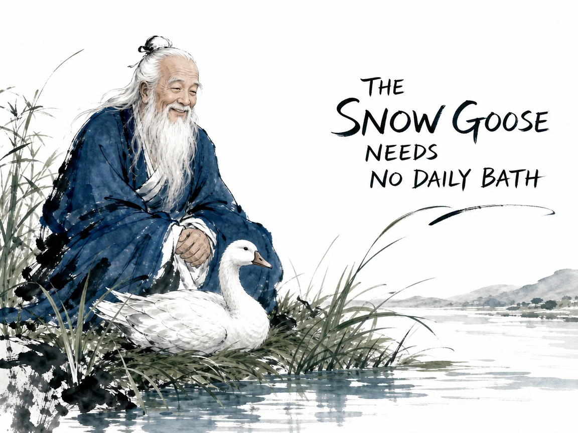 elderly sage Laozi smiling warmly beside a wild white snow goose that rests clean in the river grass without needing soap or daily washing, showing that true inner nature is pure without artificial ethical scrubbing, deep Prussian blue ink robes in contemporary literati Chinese ink cartoon style with Prussian blue ink wash, sage green accents, and Xuan paper negative space, illustrating the snow goose needs no daily bath, embodying 老子教诲孔子：鹄白不日浴，乌黑不日黔，黑白天然不可造作，仁义道德之强行涂抹反成桎梏 on ChiDestiny