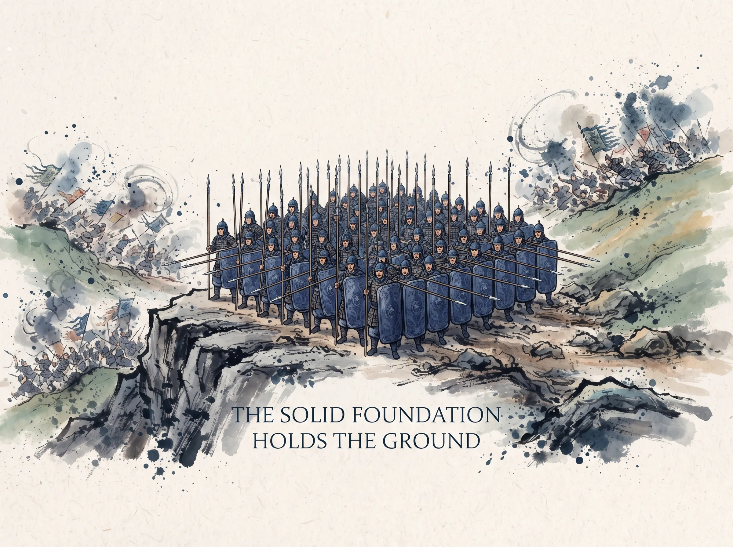 an ancient disciplined infantry phalanx standing in unshakeable rectangular formation on high bedrock with shields locked, exuding granite stability while chaos rages around, deep Prussian blue shields and iron helmets in contemporary literati Chinese ink cartoon style with Prussian blue ink wash, sage green accents, and Xuan paper negative space, illustrating the solid foundation holds the ground, embodying 孙子'以正合，以奇胜'：稳如泰山的重装方阵是胜利的基石（正），没有稳固底盘，任何奇袭都只是无源之水的赌博 on ChiDestiny