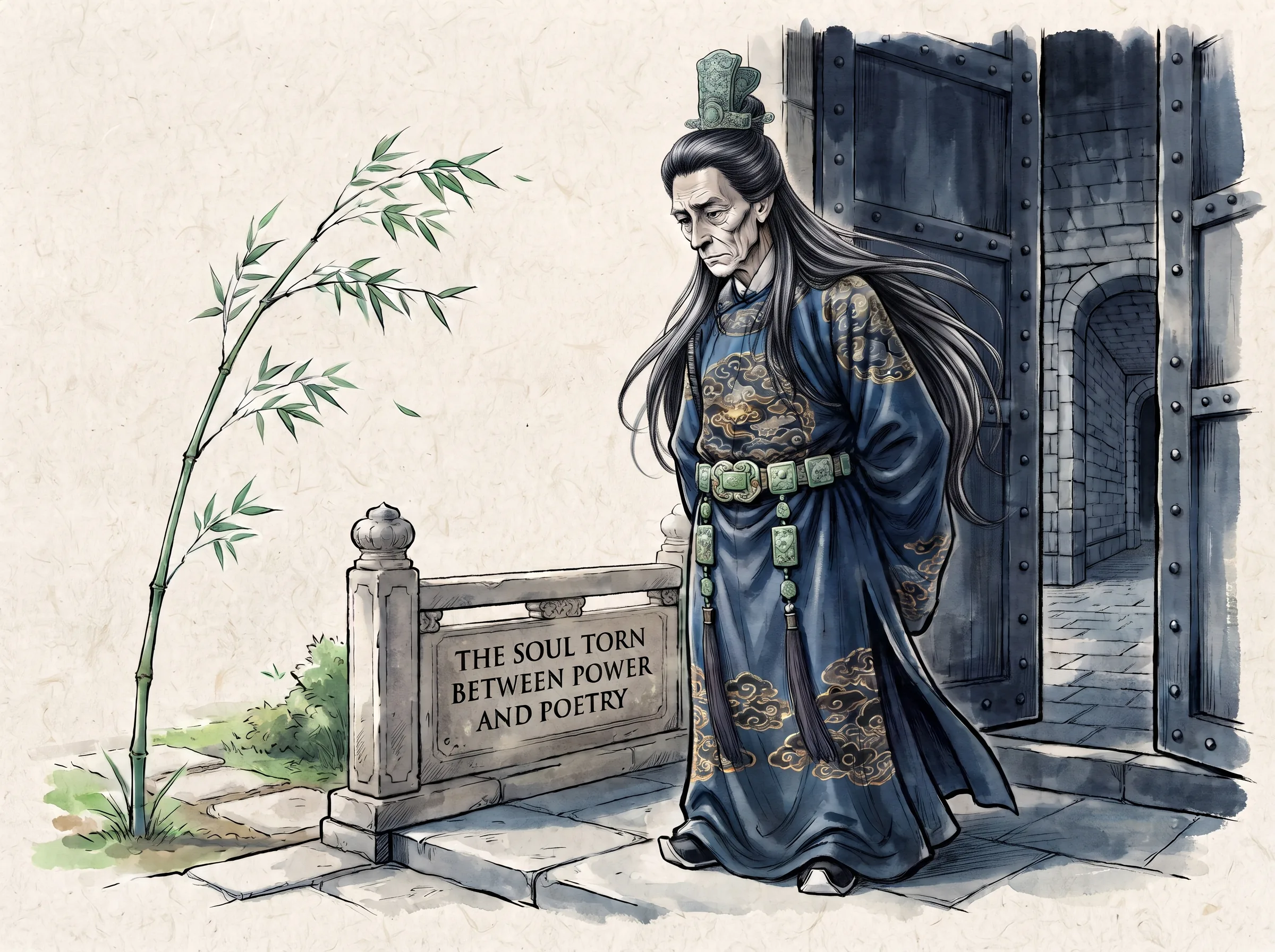 a powerful prime minister wearing an ornate imperial jade belt standing pensively between the heavy iron gates of political power and a solitary bamboo stalk bending gently in the garden breeze, examining the cost of his choices, deep Prussian blue stone corridors in contemporary literati Chinese ink wash in deep Prussian blue and sage green with ample Xuan paper negative space, illustrating the soul torn between power and poetry, embodying 宰相朱门前手握相印的元稹仰望一竿孤竹，在权势巅峰与纯粹诗心之间挣扎徘徊，展现复杂文人在权力旋涡中的人性悲欢 on ChiDestiny