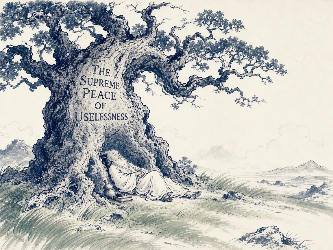 a colossal gnarled ancient oak tree with twisted branches useless for timber, standing proudly in the wilderness of Nowhere, a carefree philosopher sleeping peacefully underneath its vast cool shade in contemporary literati Chinese ink cartoon style with Prussian blue ink wash, sage green accents, and Xuan paper negative space, illustrating the supreme peace of uselessness, embodying 荒野旷野中有一株枝干虬曲、不成材的大栎树，庄子倚靠树干安然熟睡，享受无何有之乡的逍遥安宁 on ChiDestiny