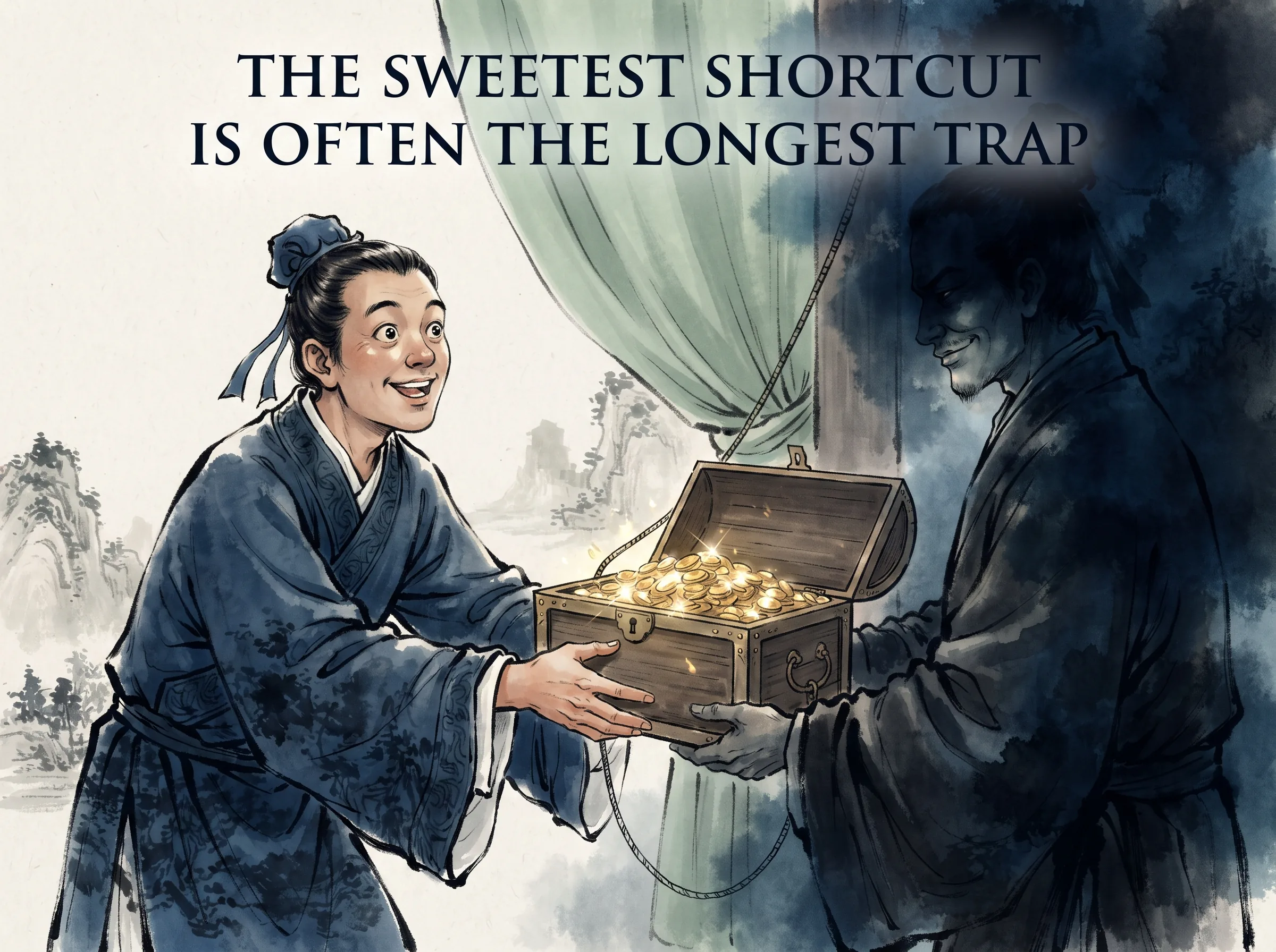 a naive merchant smiling eagerly as he accepts a shining chest of borrowed gold coins from a shadowed broker, unaware of the thin iron noose subtly attached to the chest handles, deep Prussian blue merchant robes and atmospheric shadows in contemporary literati Chinese ink cartoon style with Prussian blue ink wash, sage green accents, and Xuan paper negative space, illustrating the sweetest shortcut is often the longest trap, embodying 走捷径的致命诱惑：背负重债借贷兵马的将领自以为一夜暴富拥兵自重，却不知高额利息与外部依赖的套索已经悄悄套在自己脖颈之上 on ChiDestiny