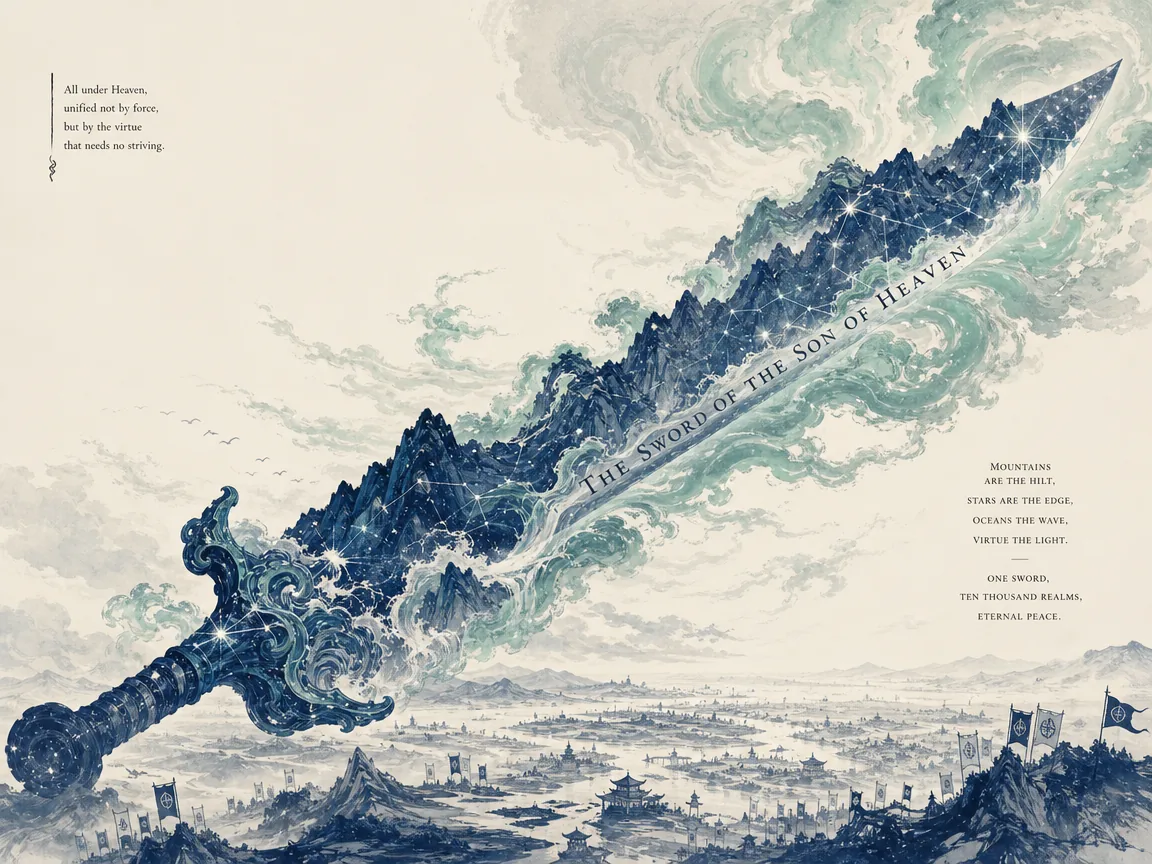 cosmic metaphorical weapon, an enormous celestial sword forged of mountain ranges, starry constellations in contemporary literati Chinese ink cartoon style with Prussian blue ink wash, sage green accents, and Xuan paper negative space, illustrating the sword of the son of heaven, embodying 庄子宏论天子之剑：以燕溪为锋、齐岱为锷、包以四夷、裹以四时，一挥匡诸侯平天下；文王大悟罢退三千斗剑之士 on ChiDestiny