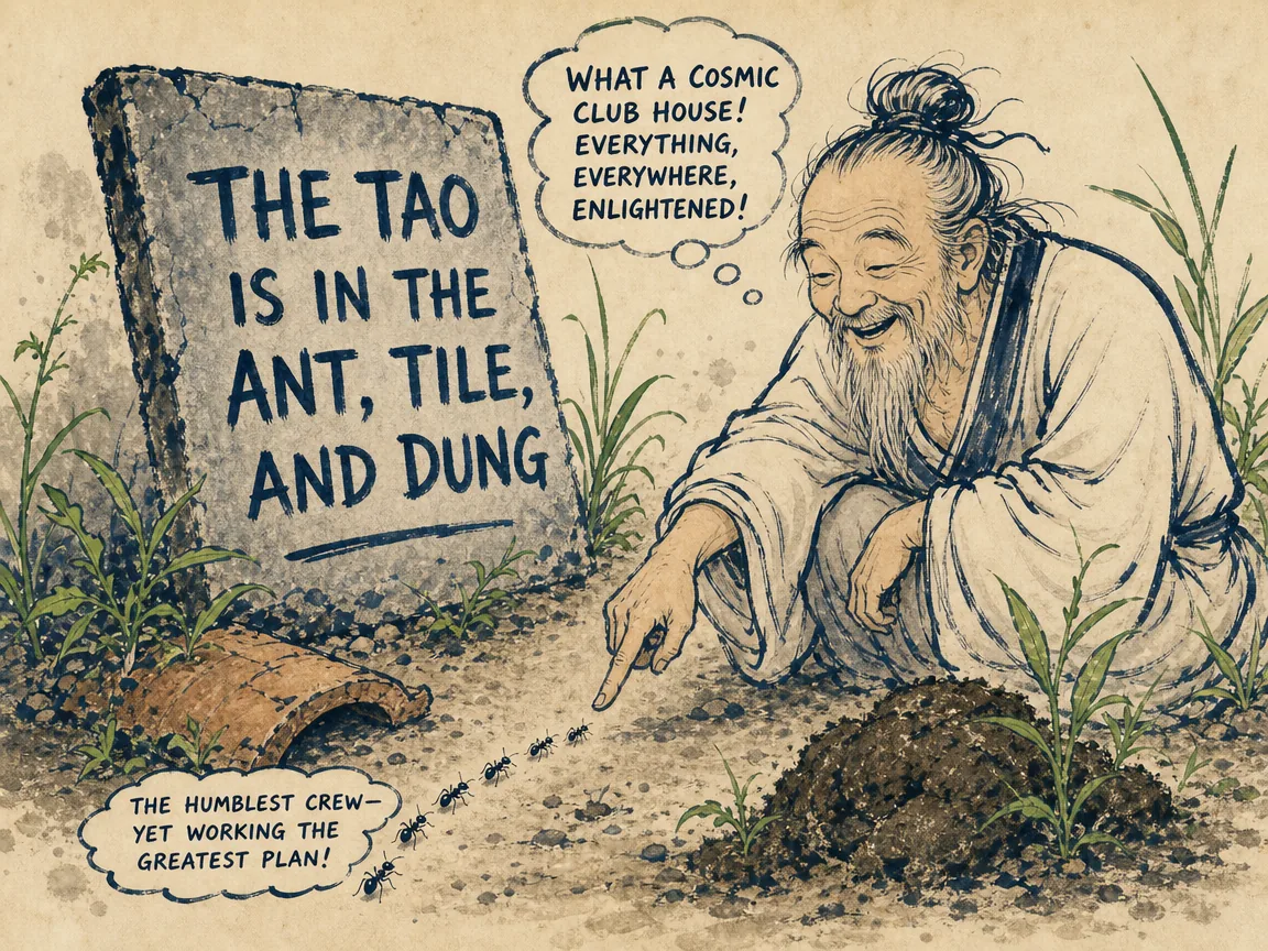 famous earthy paradox, Zhuangzi cheerfully pointing down to a line of tiny crawling ants, wild blades of weed grass in contemporary literati Chinese ink cartoon style with Prussian blue ink wash, sage green accents, and Xuan paper negative space, illustrating the tao is in the ant, tile, and dung, embodying 东郭子问庄子道何在，庄子答在蝼蚁、在稊稗、在瓦甓、在屎溺，无所不在，打破高高在上的虚伪神圣 on ChiDestiny