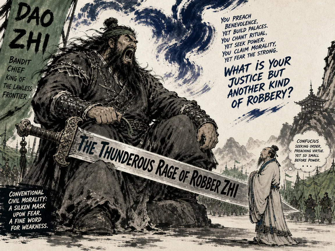 fierce dramatic face-off, towering bandit chief Dao Zhi resting a gigantic sword across his knee, roaring like a mountain storm at a small bewildered Confucius with hands folded in contemporary literati Chinese ink cartoon style with Prussian blue ink wash, sage green accents, and Xuan paper negative space, illustrating the thunderous rage of robber zhi, embodying 孔子欲说服巨盗盗跖，盗跖按剑怒目如电，声如巨雷痛斥儒门仁义矫饰与窃钩者诛窃国者侯之虚伪 on ChiDestiny