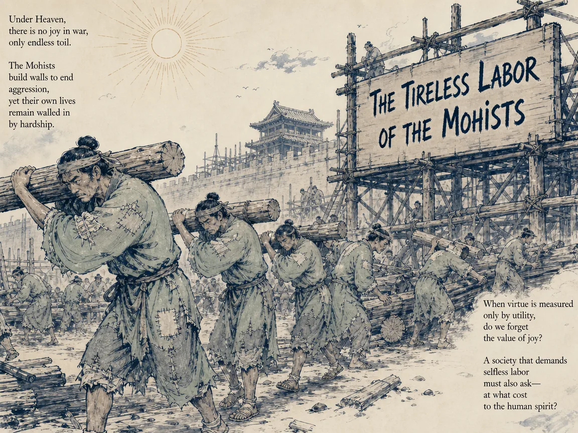 austere Mohist disciples in coarse patched clothes and rough straw sandals toiling tirelessly under the scorching sun carrying defensive timber for a besieged city, dedicated but utterly devoid of joy and music, Prussian blue heavy linework in contemporary literati Chinese ink cartoon style with Prussian blue ink wash, sage green accents, and Xuan paper negative space, illustrating the tireless labor of the mohists, embodying 墨子与禽滑厘身穿短褐脚踩草履，日夜勤苦救世，非乐节葬自苦如此，庄子虽赞其天下之美士，亦叹其使人忧劳太甚 on ChiDestiny