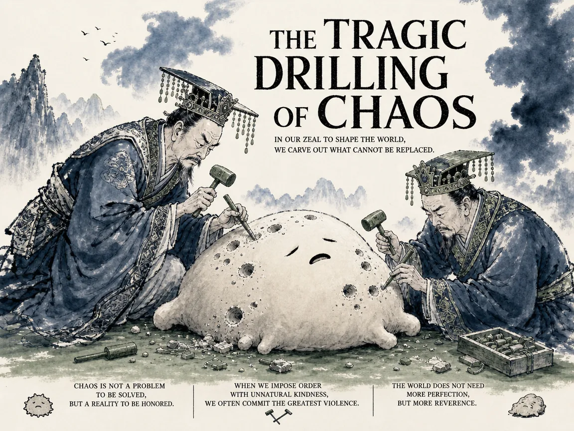 tragicomic mythological fable, two busybody emperors with tiny hammers and chisels carefully boring facial holes into a gentle shapeless round dumpling-like creature representing natural Chaos, killing it with unnatural kindness in contemporary literati Chinese ink cartoon style with Prussian blue ink wash, sage green accents, and Xuan paper negative space, illustrating the tragic drilling of chaos, embodying 南海之帝儵与北海之帝忽出于好心，为中央混沌日凿一窍以视听食息，七日七窍成而浑沌死，讽刺违背自然的过度好心干预 on ChiDestiny