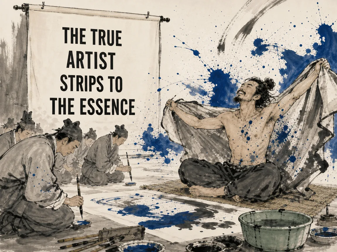 lively studio anecdote, while anxious court painters kneel rigidly preparing brushes, an unconventional bohemian artist strips off his outer robe in contemporary literati Chinese ink cartoon style with Prussian blue ink wash, sage green accents, and Xuan paper negative space, illustrating the true artist strips to the essence, embodying 宋元君召众画师绘图，众人受命唯唯诺诺舐笔和墨；独有一画师解衣盘礴裸坐而画，元君赞曰'是真画者也' on ChiDestiny