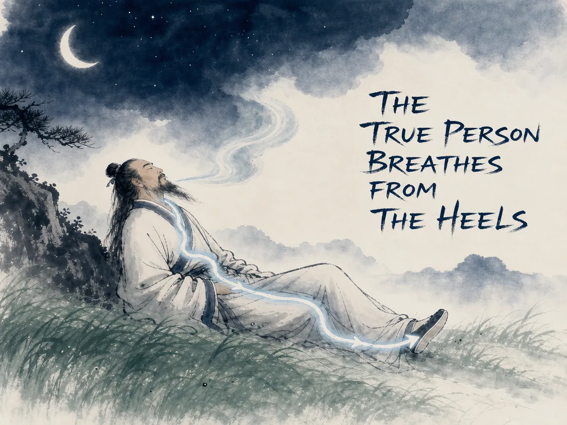 an ancient True Person resting under a tranquil crescent moon, breathing deeply with energy circulating from the heels up through the body, calm expression without anxiety or restless dreams in contemporary literati Chinese ink cartoon style with Prussian blue ink wash, sage green accents, and Xuan paper negative space, illustrating the true person breathes from the heels, embodying 古之真人寝不梦、觉无忧，其息深深踵息，面容如初生婴儿般恬淡纯真，与万化共流转 on ChiDestiny