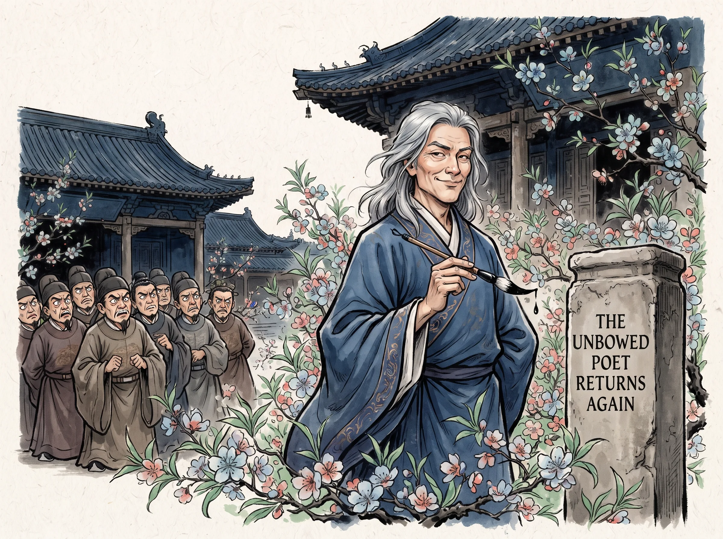 witty courageous defiance, the poet Liu Yuxi with silver hair and an amused smirk standing amid blooming peach blossoms at Xuandu Temple, holding a sharp ink brush while pompous court sycophants glare nervously in the shadows in contemporary literati Chinese ink wash in deep Prussian blue and sage green with ample Xuan paper negative space, illustrating the unbowed poet returns again, embodying 玄都观里看桃花：刘禹锡回京看尽满城投机附势之徒，挥笔写下'玄都观里桃千树，尽是刘郎去后栽'与十四年后的'种桃道士归何处，前度刘郎今又来'，傲骨嶙峋 on ChiDestiny