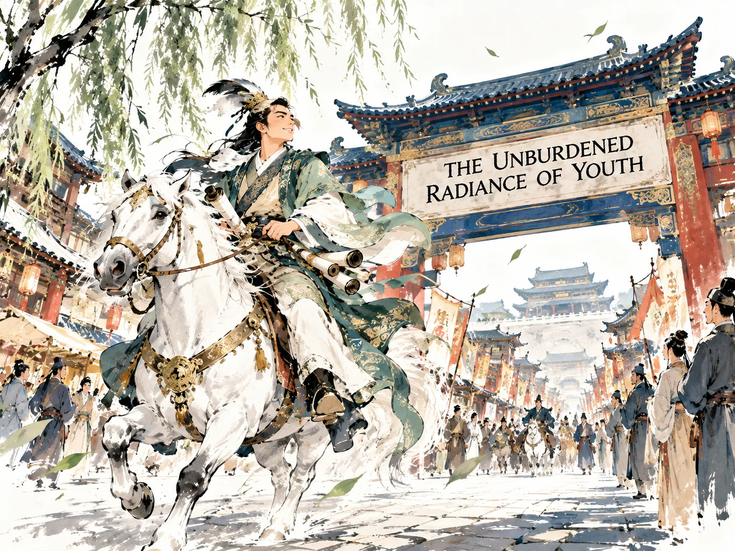 a dashing youthful noble poet Cao Zhi riding a spirited white steed with a gold bridle through the prosperous streets of Luoyang, feathered cap in the wind and scrolls fluttering, basking in careless brilliant privilege in contemporary literati Chinese ink wash in deep Prussian blue and sage green with ample Xuan paper negative space, illustrating the unburdened radiance of youth, embodying 年轻时才高八斗的翩翩公子曹植，白马金鞍游侠洛阳，被群臣拥簇意气风发，尚未受命运磨砺的繁华早年 on ChiDestiny