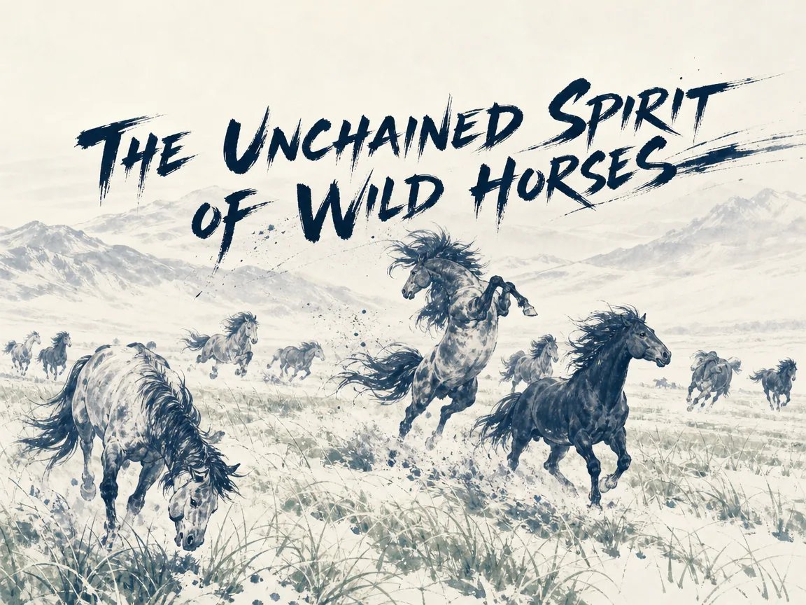 wild spirited horses galloping untamed across open snowy pastures biting grass and kicking heels in sheer ecstasy of natural existence, before the arrival of bridles, bits in contemporary literati Chinese ink cartoon style with Prussian blue ink wash, sage green accents, and Xuan paper negative space, illustrating the unchained spirit of wild horses, embodying 原野上群马奔驰踏霜踏雪、饮水食草自由自在；而后伯乐携烙铁绳辔而至，以调训驯化之名折损天真野性 on ChiDestiny