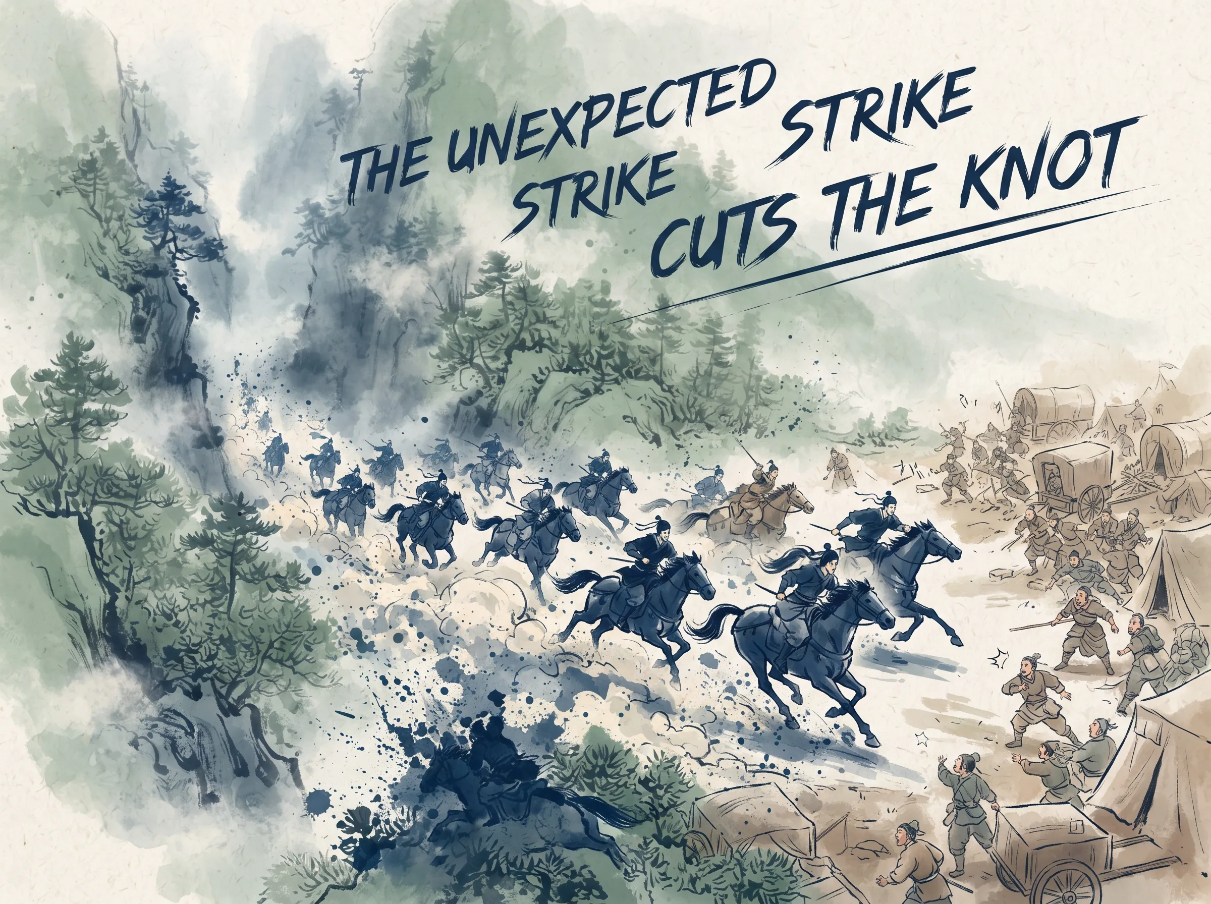 an agile squad of light cavalry bursting like a bolt of blue lightning from a hidden misty mountain ravine, surprising the over-focused enemy rear lines with decisive precision, deep Prussian blue galloping steeds and dust clouds in contemporary literati Chinese ink cartoon style with Prussian blue ink wash, sage green accents, and Xuan paper negative space, illustrating the unexpected strike cuts the knot, embodying 结构之中的致命奇袭（奇）：在正面牵制形成死锁之际，一支轻骑兵如闪电般自隐秘峡谷突入敌后，一击定乾坤 on ChiDestiny