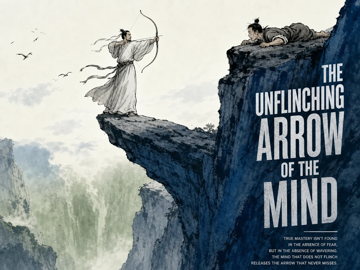 dramatic cliff scene, serene master Bo-hun Wu-ren standing balanced on the very tip of a protruding boulder suspended over a terrifying bottomless chasm, drawing an invisible bow with absolute composure in contemporary literati Chinese ink cartoon style with Prussian blue ink wash, sage green accents, and Xuan paper negative space, illustrating the unflinching arrow of the mind, embodying 列子射箭引弓杯水不倾自矜其技；伯昏无人领其登千仞危崖悬岩射箭，列子伏地汗流浃背，揭示'射不若不射、心箭合一' on ChiDestiny