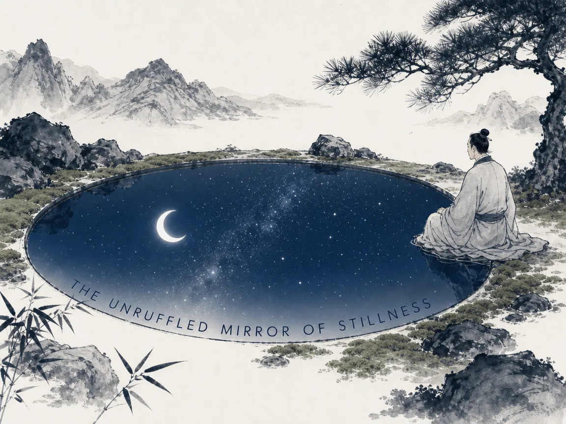 a solitary scholar sitting beside a mirror-like circular mountain pond, whose surface is so perfectly still it reflects the vast starry night and crescent moon without the slightest ripple, conveying supreme inner tranquility in contemporary literati Chinese ink cartoon style with Prussian blue ink wash, sage green accents, and Xuan paper negative space, illustrating the unruffled mirror of stillness, embodying 圣人之静也非谓其静也善，乃其神明不扰如古井止水，倒映天地星辰与飞鸟浮云而不起微澜 on ChiDestiny