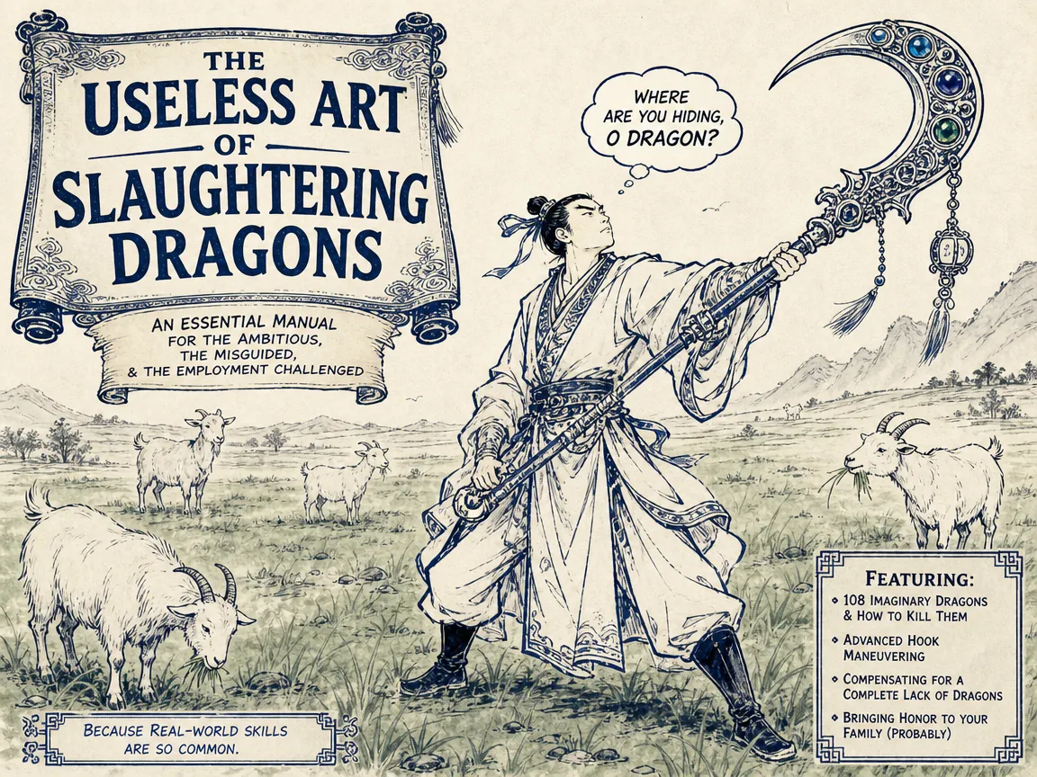 comic satirical parable, an earnest young scholar proudly demonstrating elaborate martial techniques with a giant jewelled dragon-slaying hook, looking around an empty farm field where there is not a single dragon to be found except grazing domestic goats in contemporary literati Chinese ink cartoon style with Prussian blue ink wash, sage green accents, and Xuan paper negative space, illustrating the useless art of slaughtering dragons, embodying 屠龙之技：朱泙漫耗尽千金家产苦学屠龙术三年成其能，然而世间根本无龙可屠，讽刺空疏脱离实际的屠龙屠虚学问 on ChiDestiny