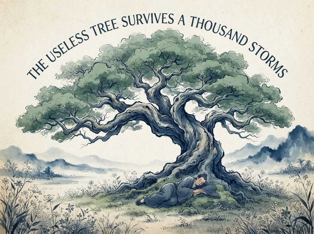 a colossal gnarled ancient oak tree with twisting branches spreading like an emerald canopy across an open wild meadow, an exhausted wanderer sleeping peacefully in its cool shade unharmed by lumberjacks, deep Prussian blue twisted bark and distance hills in contemporary literati Chinese ink wash in deep Prussian blue and sage green with ample Xuan paper negative space, illustrating the useless tree survives a thousand storms, embodying 庄子'无用之大用'：一棵因躯干扭曲无法做栋梁的参天大栎树，在荒原上安然活了数千年，旅人在树荫下自在安睡，无用方得全生 on ChiDestiny
