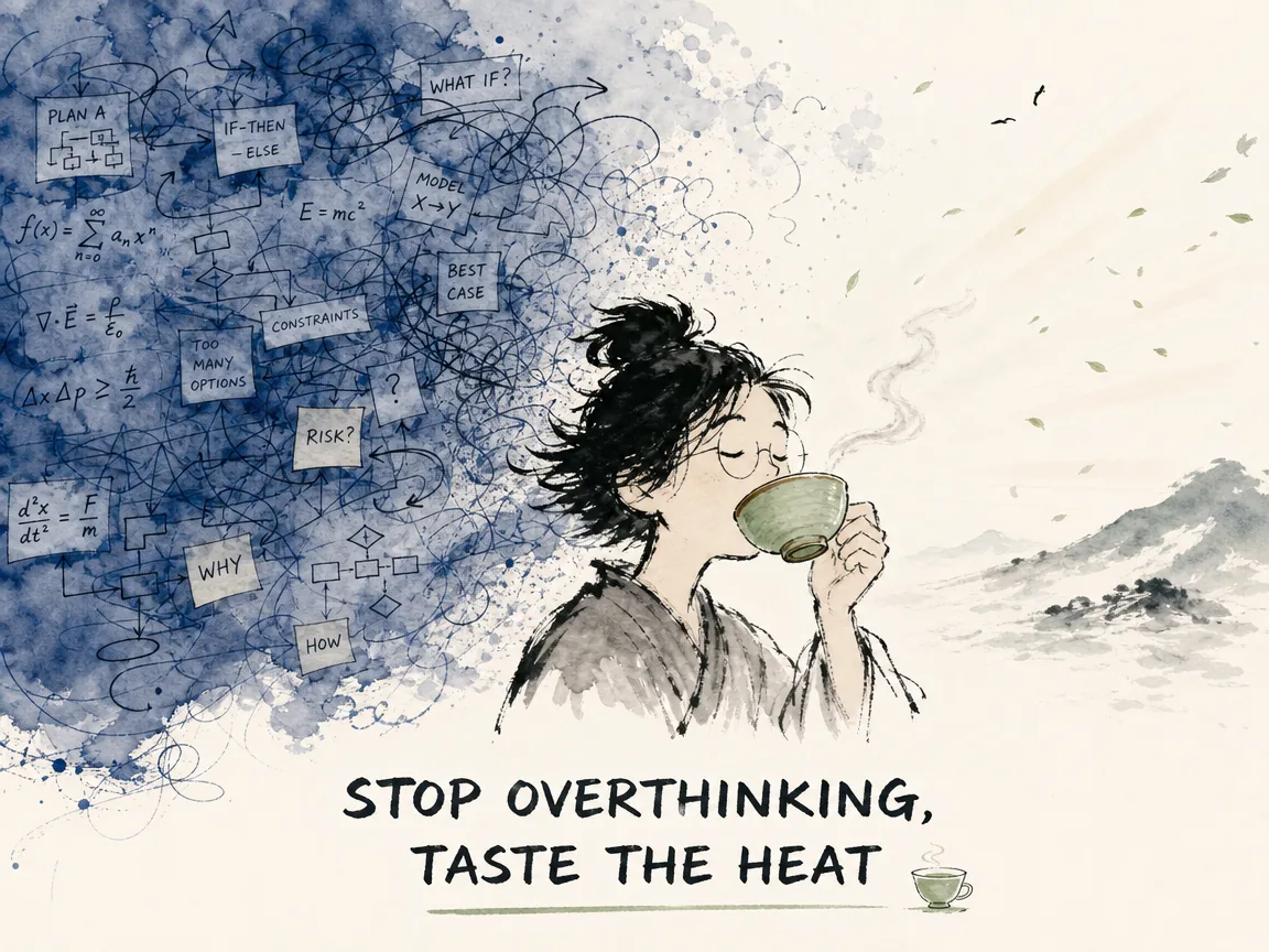 A swirling storm of thought-cloud diagrams and text bubbles above a person's head dissolving peacefully as warm tea steam rises from a held cup, replacing mental chaos with sensory warmth and stillness in Prussian blue thought-cloud turbulence above, warm amber steam rising below on serene Xuan paper, illustrating stop overthinking, taste the heat, showing how the sensory immediacy of warm tea physically interrupts mental rumination and restores embodied present-moment awareness on ChiDestiny