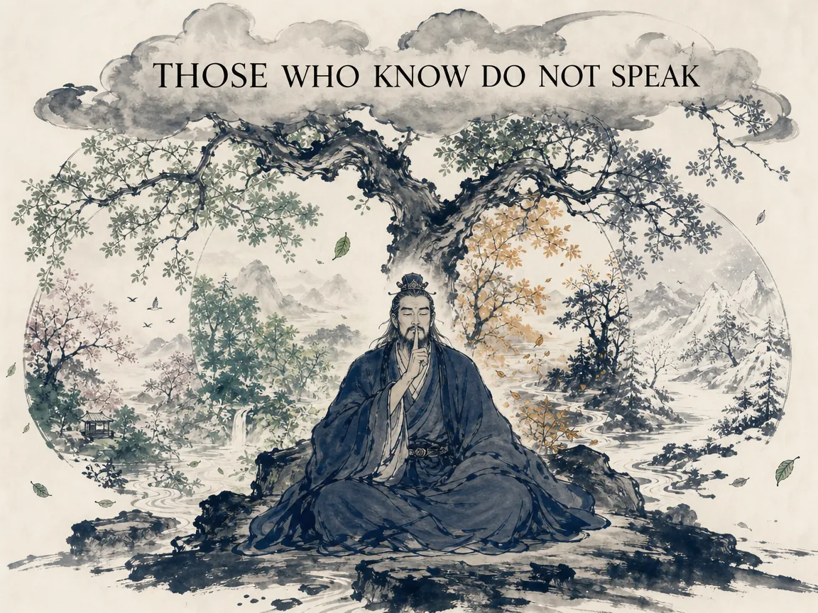 a royal sage sitting under ancient gnarled boughs, placing a calm index finger to his lips while four seasons seamlessly rotate behind him in natural glory without a single spoken sermon, Prussian blue silhouettes in contemporary literati Chinese ink cartoon style with Prussian blue ink wash, sage green accents, and Xuan paper negative space, illustrating those who know do not speak, embodying 黄帝叹'知者不言，言者不知'，行不言之教，天地大美不言而四时有明法 on ChiDestiny
