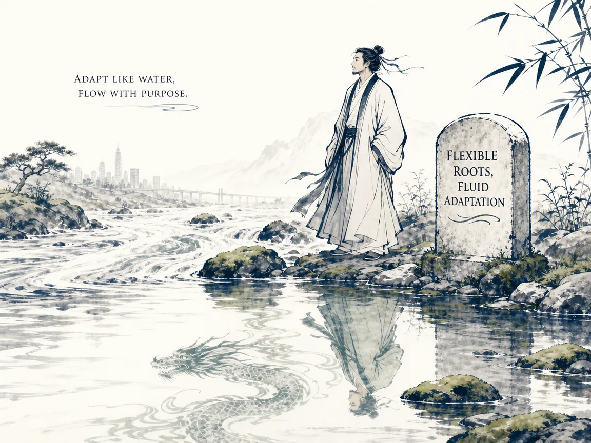 Modern thoughtful traveler in loose scholar robes standing by a rushing riverbank, his calm water reflection shimmering with the outline of a gentle primordial dragon in rich Prussian blue contours and soothing sage green river moss with ample white negative space, illustrating flexible roots and fluid adaptation, maintaining unshakeable psychological constancy while navigating rapid cultural change on ChiDestiny