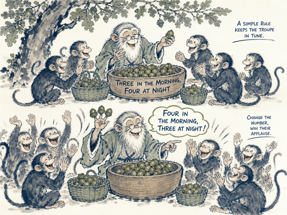 an amused elderly monkey keeper distributing acorns to an excited circle of funny cartoon monkeys, changing from 'three at morning, four at night' to 'four at morning in contemporary literati Chinese ink cartoon style with Prussian blue ink wash, sage green accents, and Xuan paper negative space, illustrating three in the morning, four at night, embodying 狙公给调皮众猴分橡子，说'朝三暮四'众猴皆怒，改口'朝四暮三'众猴皆大欢喜，讽刺人世虚妄的喜怒纷争 on ChiDestiny