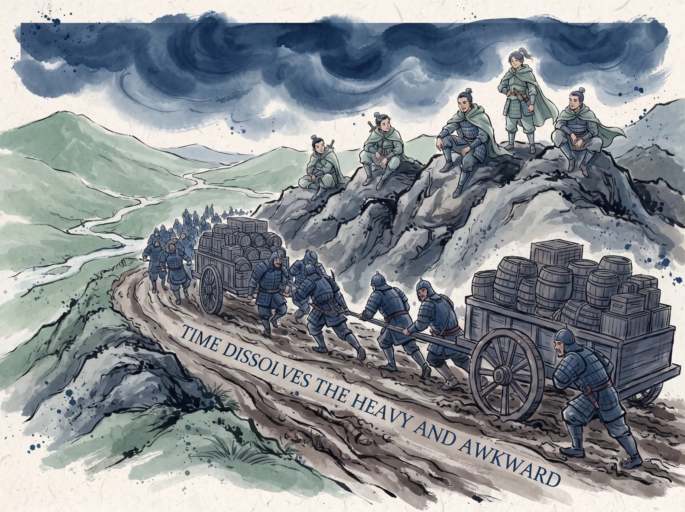 a massive, sluggish iron-clad army burdened by immense supply wagons struggling slowly uphill through mud, while agile light scouts watch comfortably from shaded rocky hilltops in contemporary literati Chinese ink cartoon style with Prussian blue ink wash, sage green accents, and Xuan paper negative space, illustrating time dissolves the heavy and awkward, embodying 时间从来不是中性的：长途远征的庞大重装铁甲军团在漫长补给线上日渐被粮草消耗拖垮，强弱在时间曲线中悄然易位 on ChiDestiny