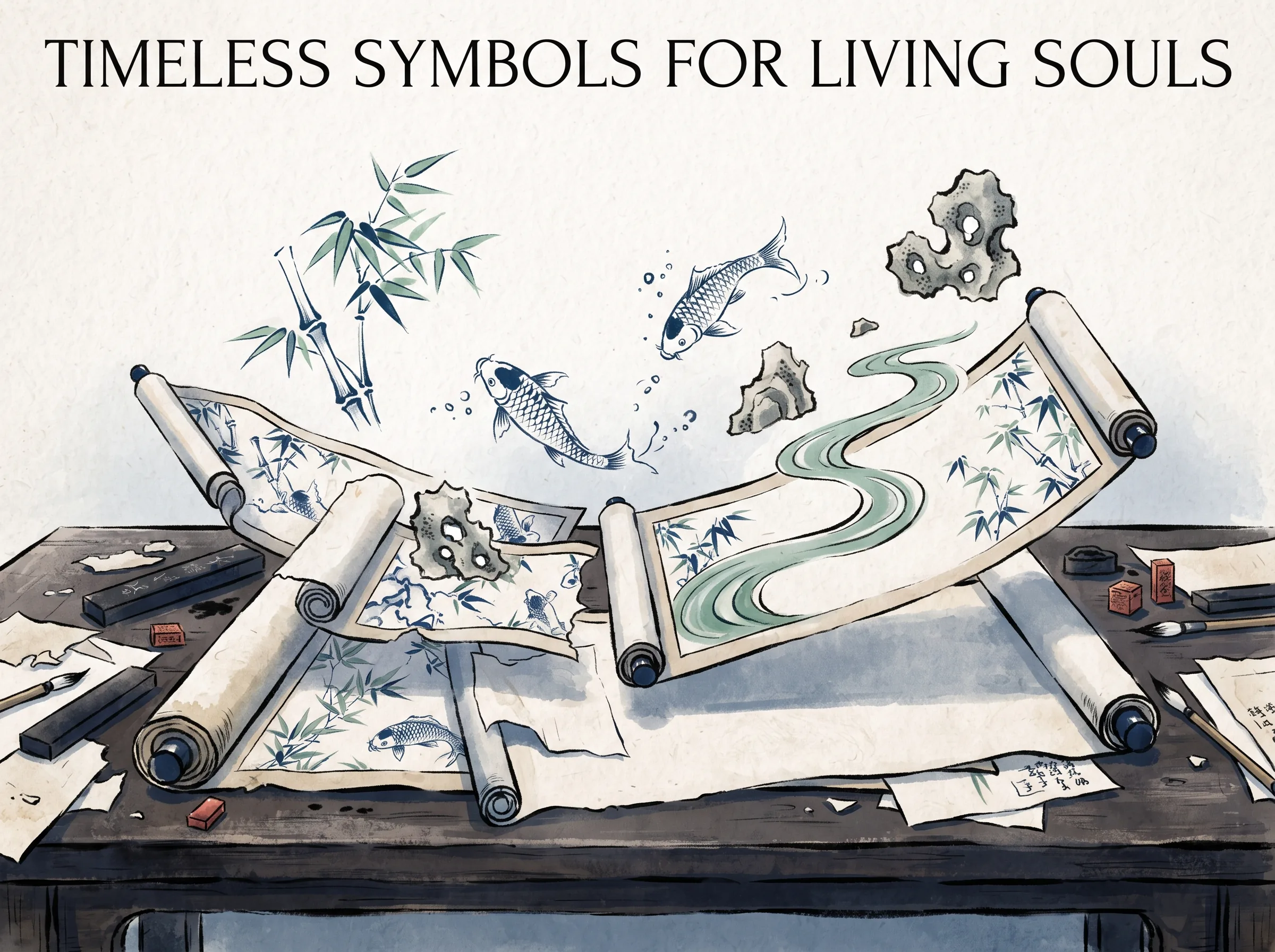 a dynamic workshop table where classic literati brush motifs—bamboo nodes, carp jumping water, and scholar rocks—dance lightly above paper scrolls like modular puzzle pieces arranged with effortless grace in contemporary literati Chinese ink wash in deep Prussian blue and sage green with ample Xuan paper negative space, illustrating timeless symbols for living souls, embodying 中式画论中的模块化创造智慧：一丛竹、两块石、几尾游鱼，随心组合即可寄托坚贞、祝寿或超然，美与实用在民间紧密交织 on ChiDestiny