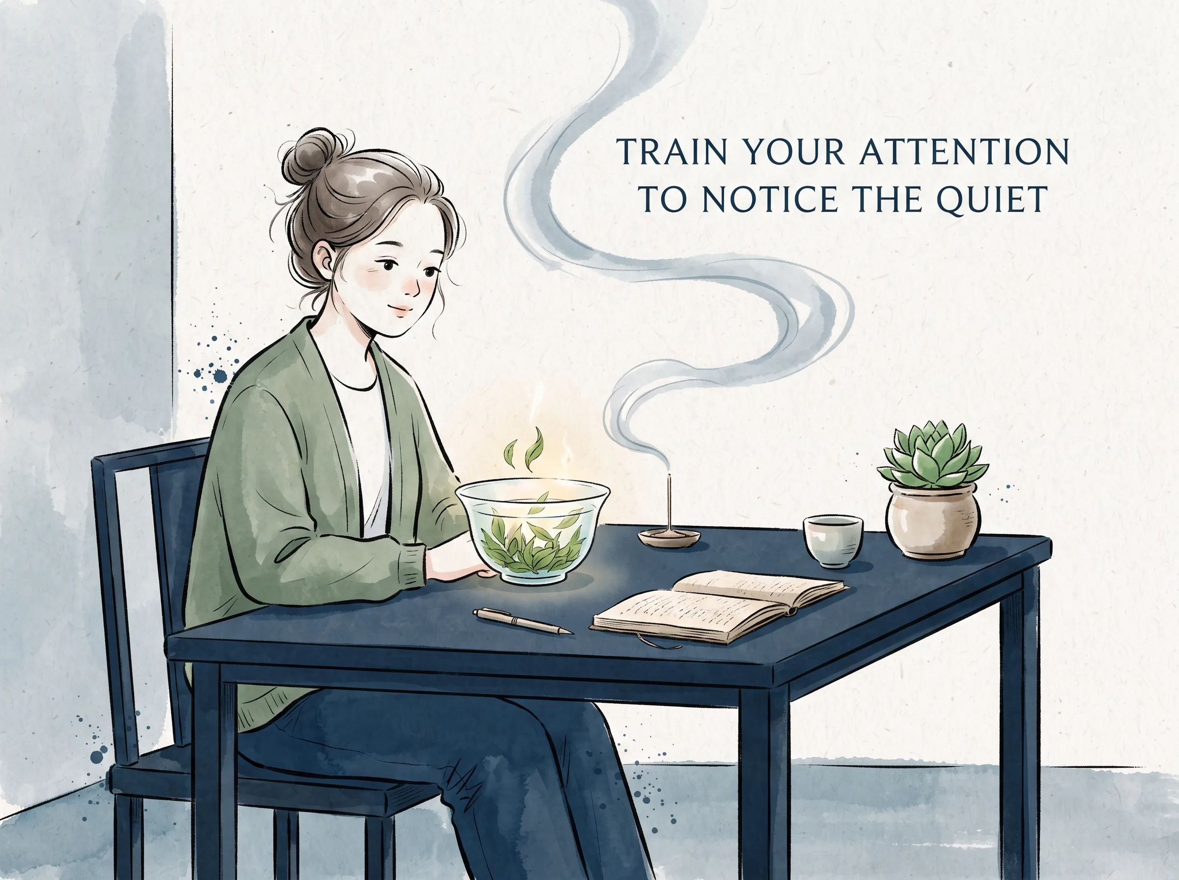 a quiet modern desk scene where a serene thinker watches green tea leaves gently unfurling in a glass bowl alongside a curling thread of incense smoke drifting upward into open space, deep Prussian blue desk elements and room tones, vibrant sage green tea leaves and small potted succulent in contemporary literati Chinese ink wash in deep Prussian blue and sage green with ample Xuan paper negative space, illustrating train your attention to notice the quiet, embodying 在日常案头点一炷清香、注一盏温水，细看茶叶在清水中缓缓舒展沉浮，以从容专注的审美耐力重塑感知世界的能力 on ChiDestiny